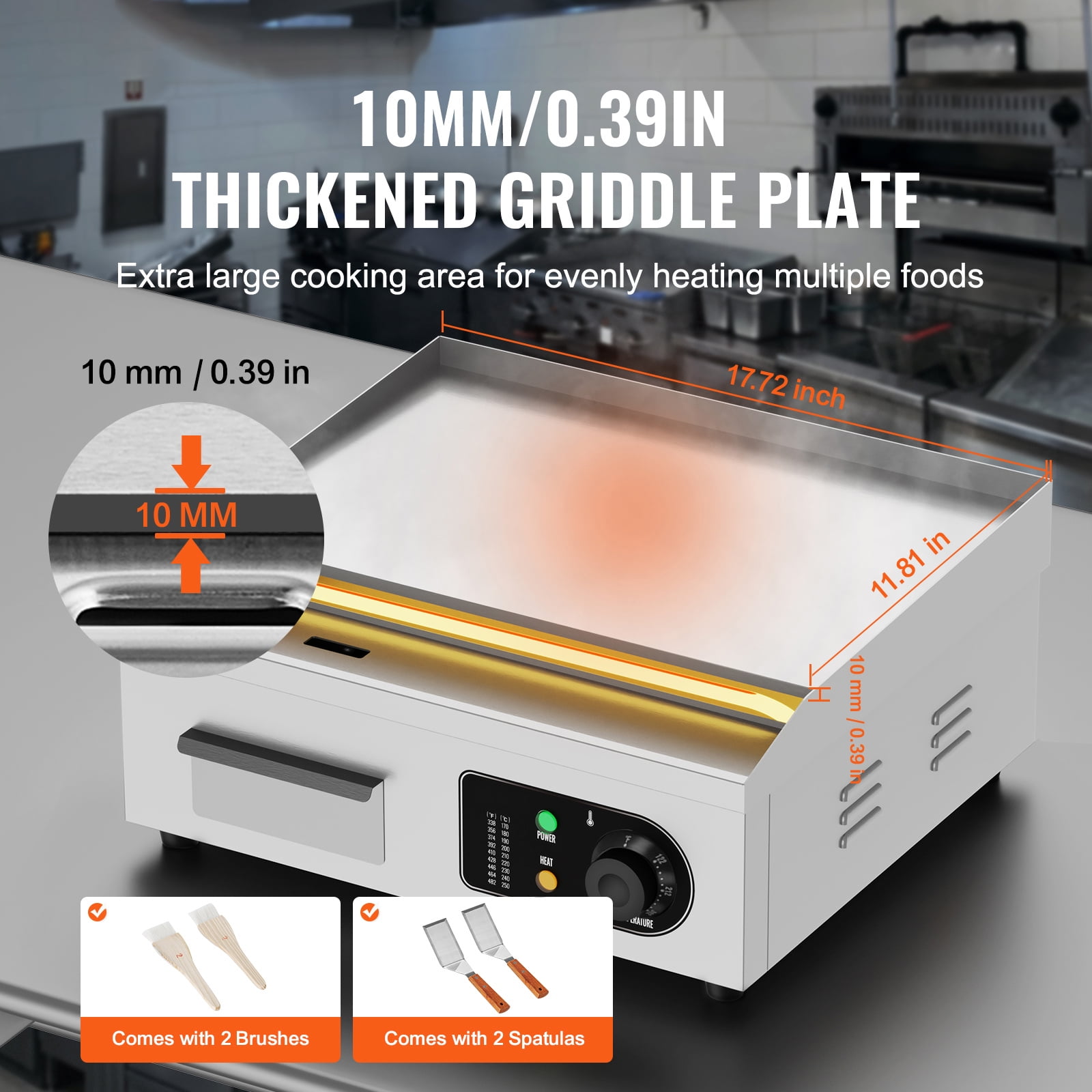 KFFKFF Electric Griddle for Commercial Use, 1700W Countertop Grill with Flat Surface, Temperature Control from 122℉ to 572℉, Dimensions 17.72 x 11.81 x 0.39 inches,and 2 Brushes - Image 6