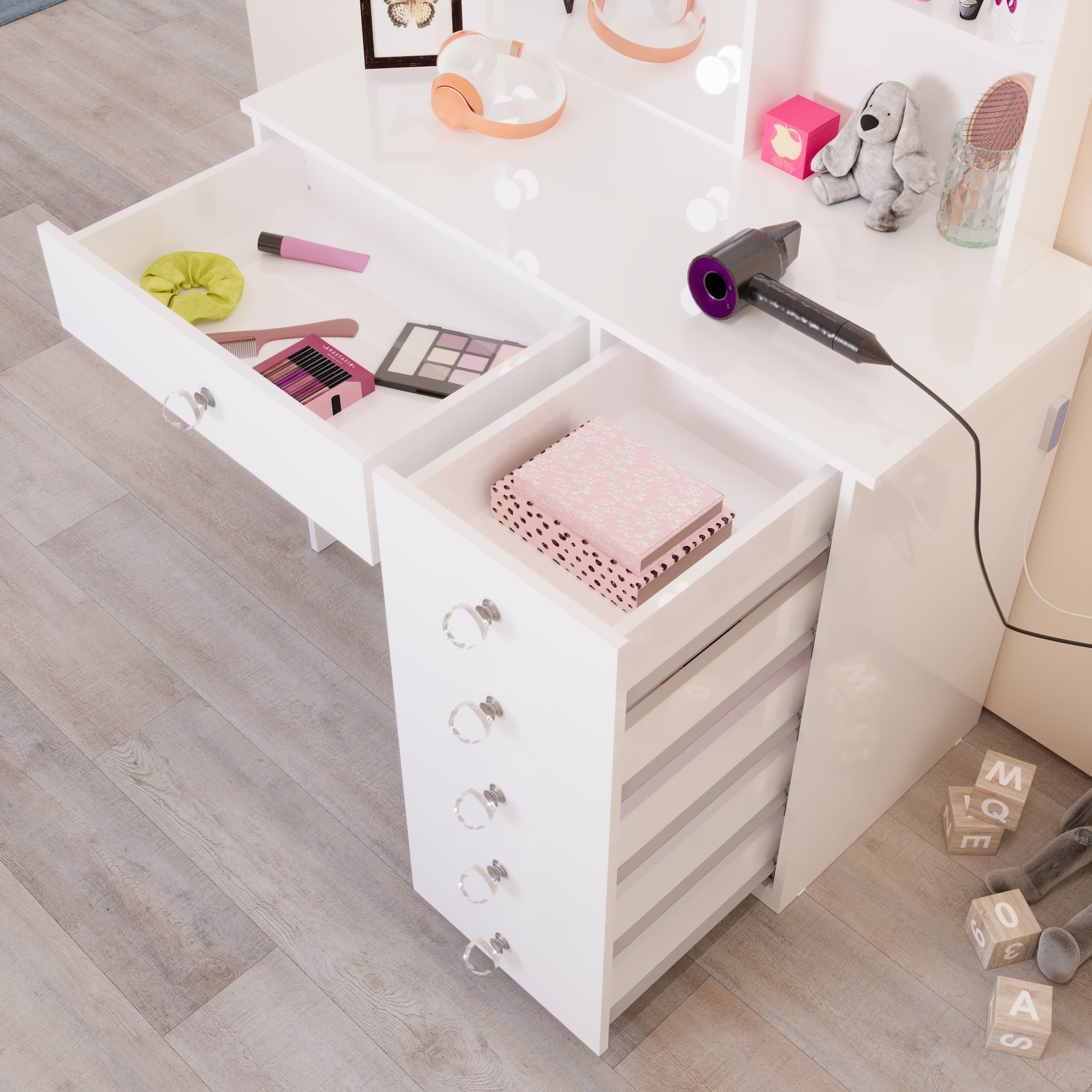 Ember Interiors Kids Vanity Desk with Mirror and Lights – White Makeup Table with 6 Drawers & Crystal Ball Knobs for Girls' Bedroom or Playroom - Image 5