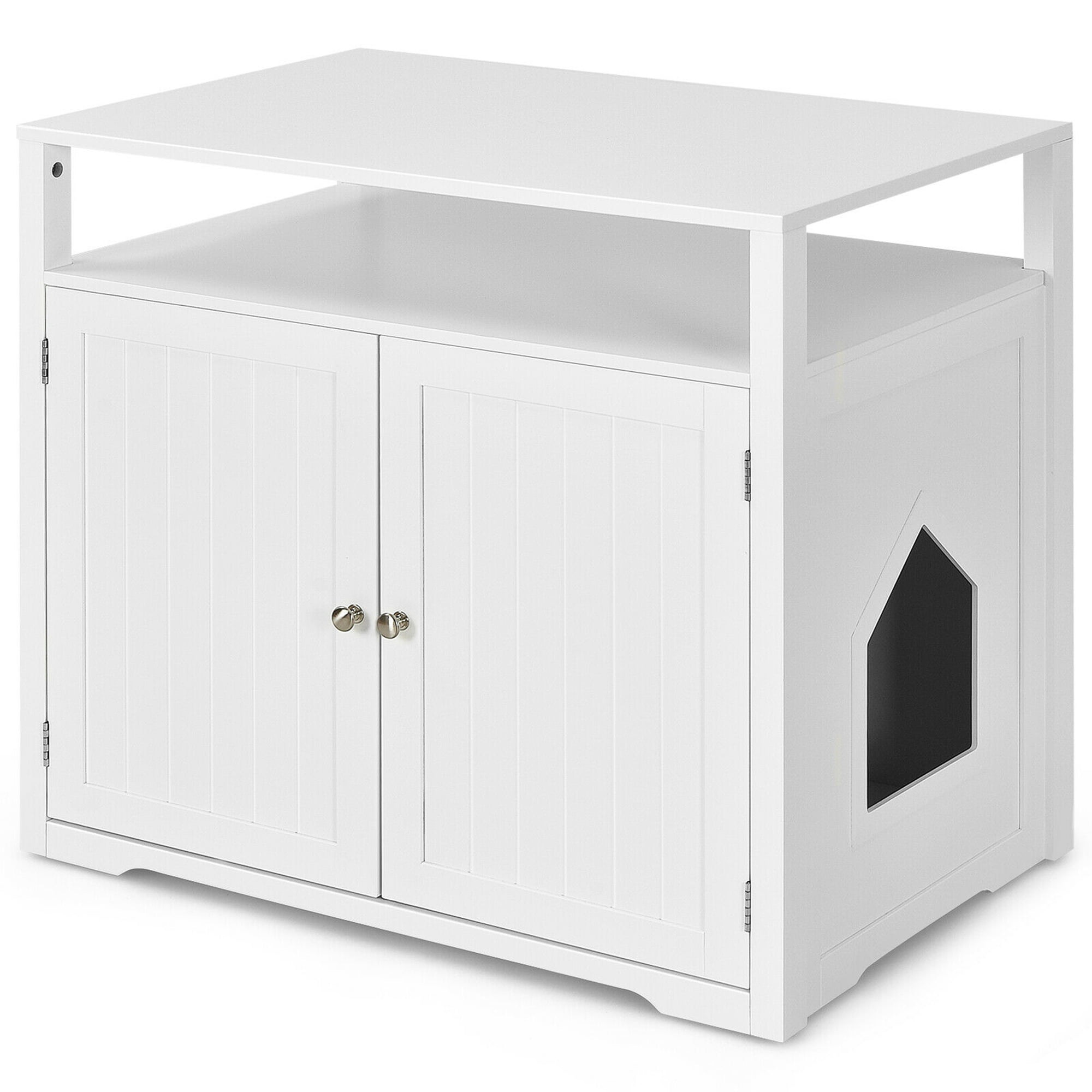 Gymax Wooden Cat Litter Box Enclosure with Storage Layer, White - Image 2