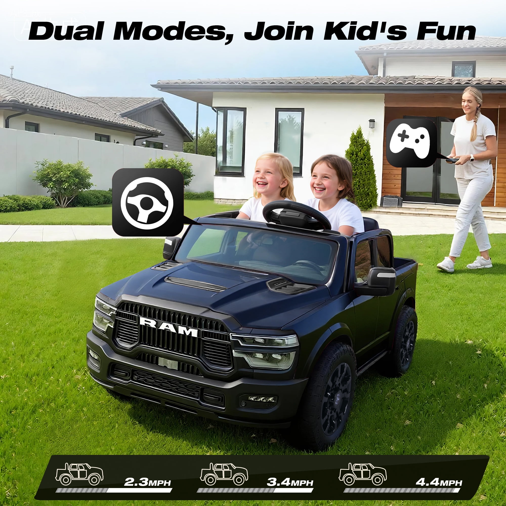 FUNTOK Licensed RAM 2500 24V 2 Seats Ride on Truck for Kids 3-8 w/ 20" Large Seat, 2 x 100W Motors, 24 Volt Ride on Toys w/ 3-Point Seat Belts/Remote Control/LED Light/Music/Back Storage, Black - Image 10