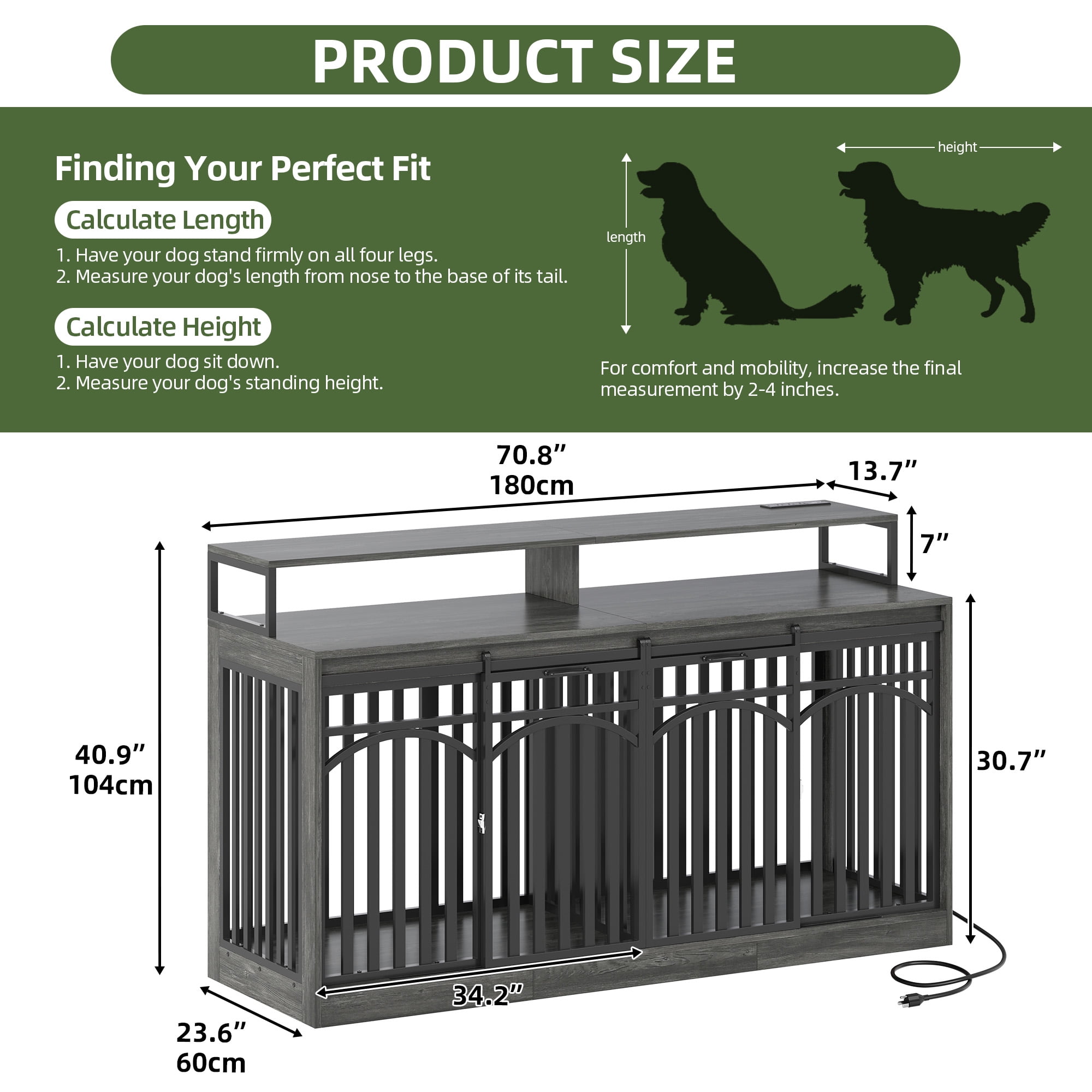Uforic XL Heavy Duty Dog Crate Furniture with LED Lighting and Power Outlets, 70" TV Stand Large Metal Dog Kennel - Gray Oak - Image 10