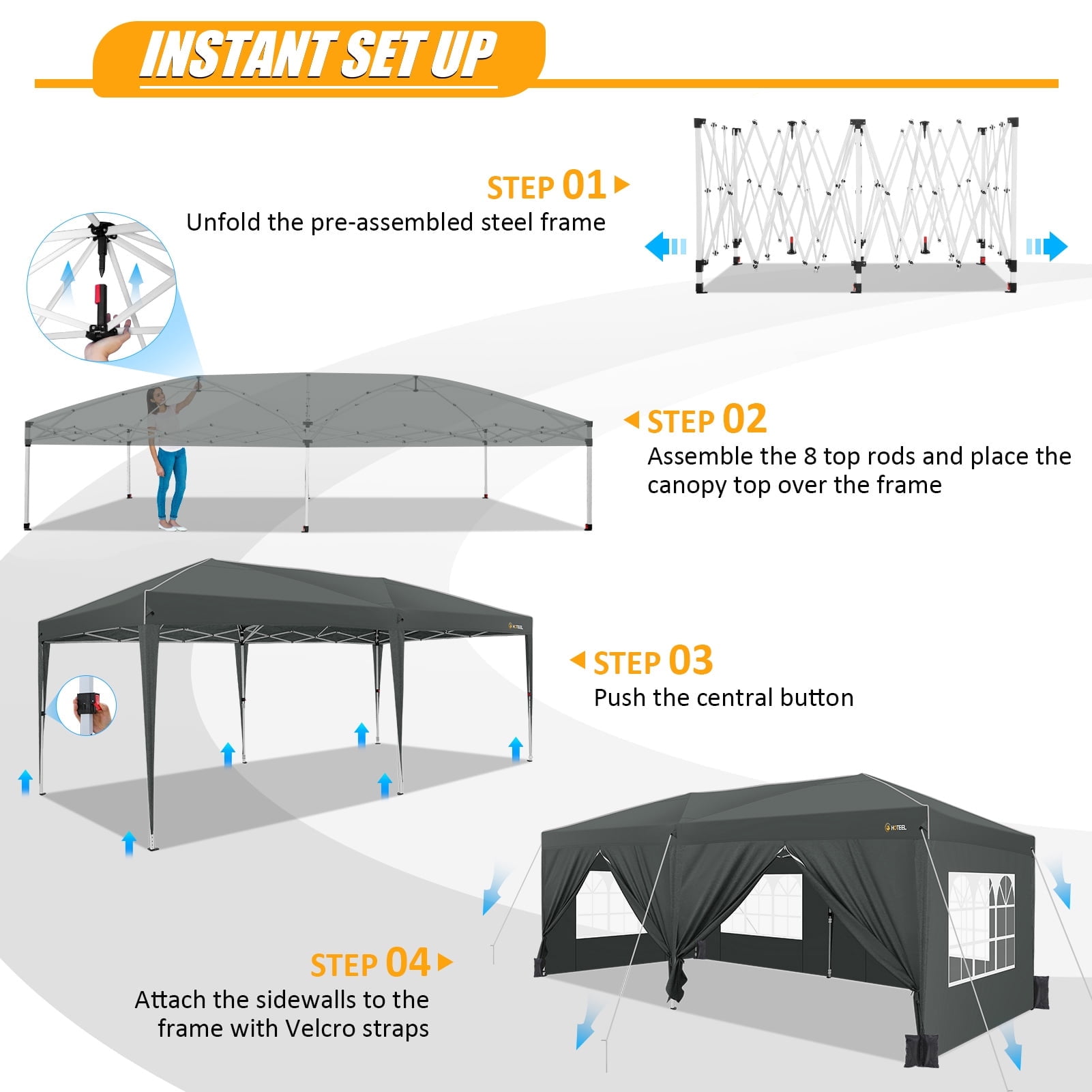 COBIZI 10x20 Pop Up Canopy Tent Easy Up Party Tent Waterproof Canopy Tent with Sidewalls Outdoor Event Tent for Wedding Backyard with Center Lock Sandbags Top Reinforced, Gray - Image 3