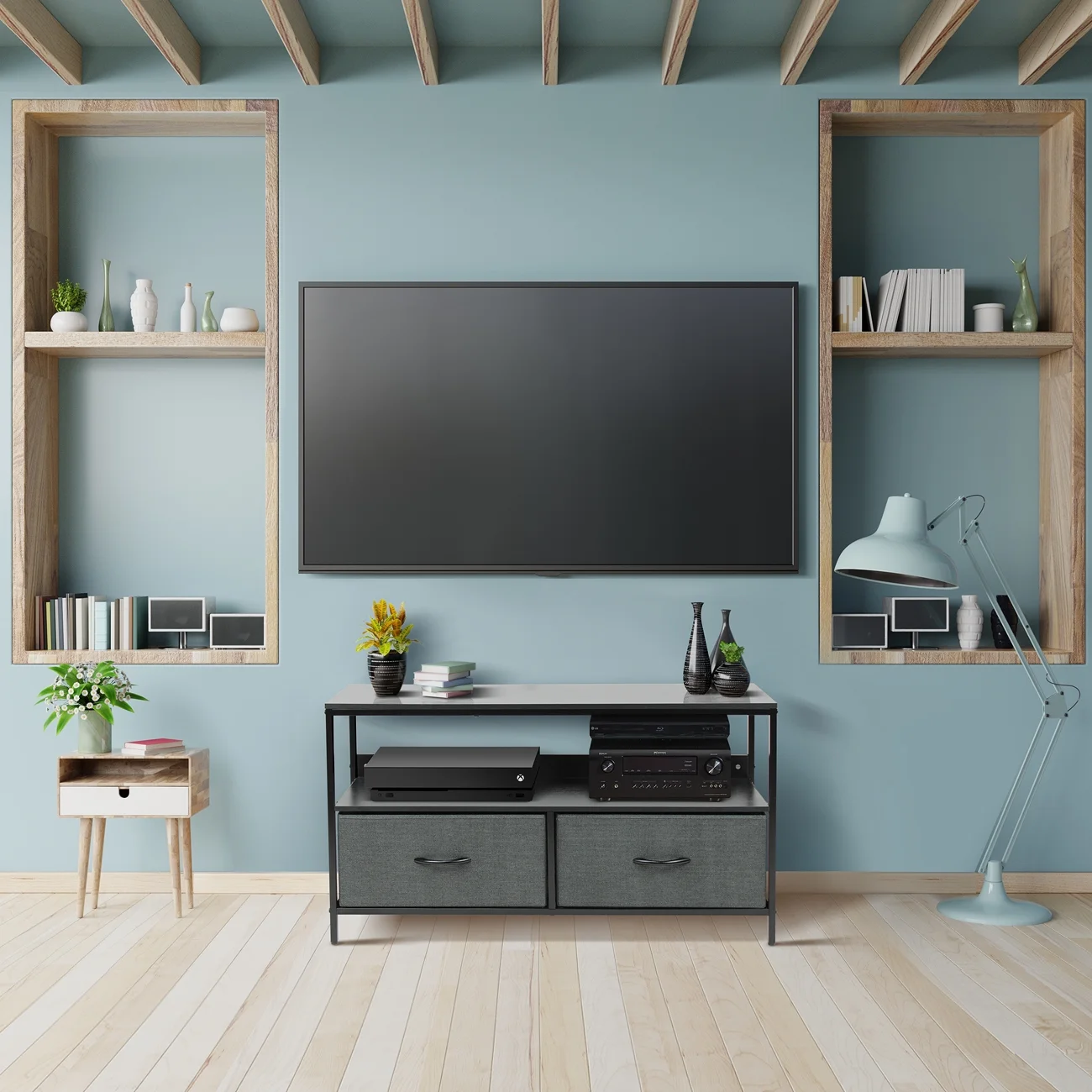 Sorbus Dresser Drawers TV Table Stand- Furniture Storage Chest Tower Unit for Bedroom, Hallway, Closet, Office Organization - Steel Frame, Wood Top, Easy Pull Fabric Bins (Black) - Image 2