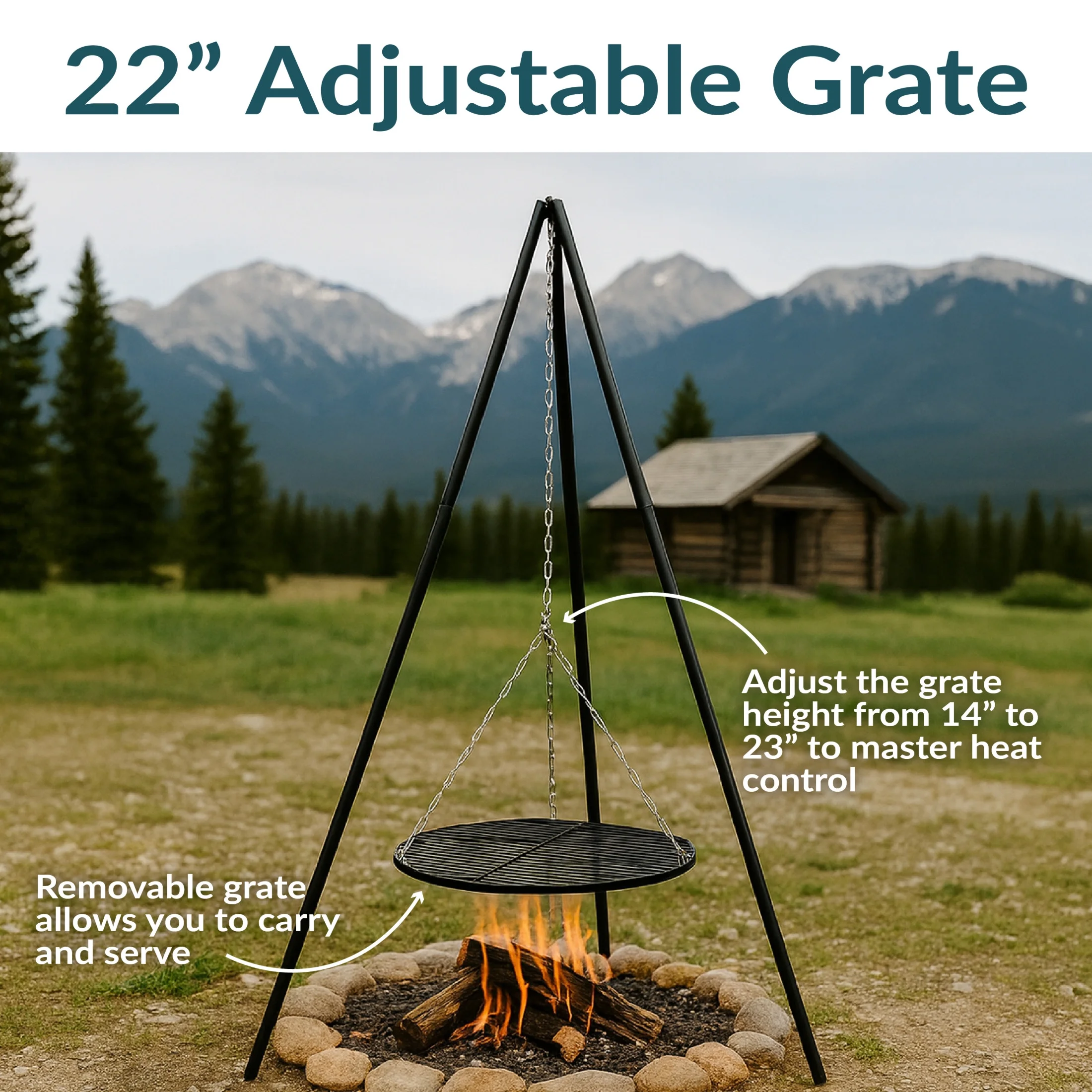 Sunnydaze 22" x 22" Powder-Coated Steel Black Round Tripod Fire Pit Cooking Grill System - Image 6