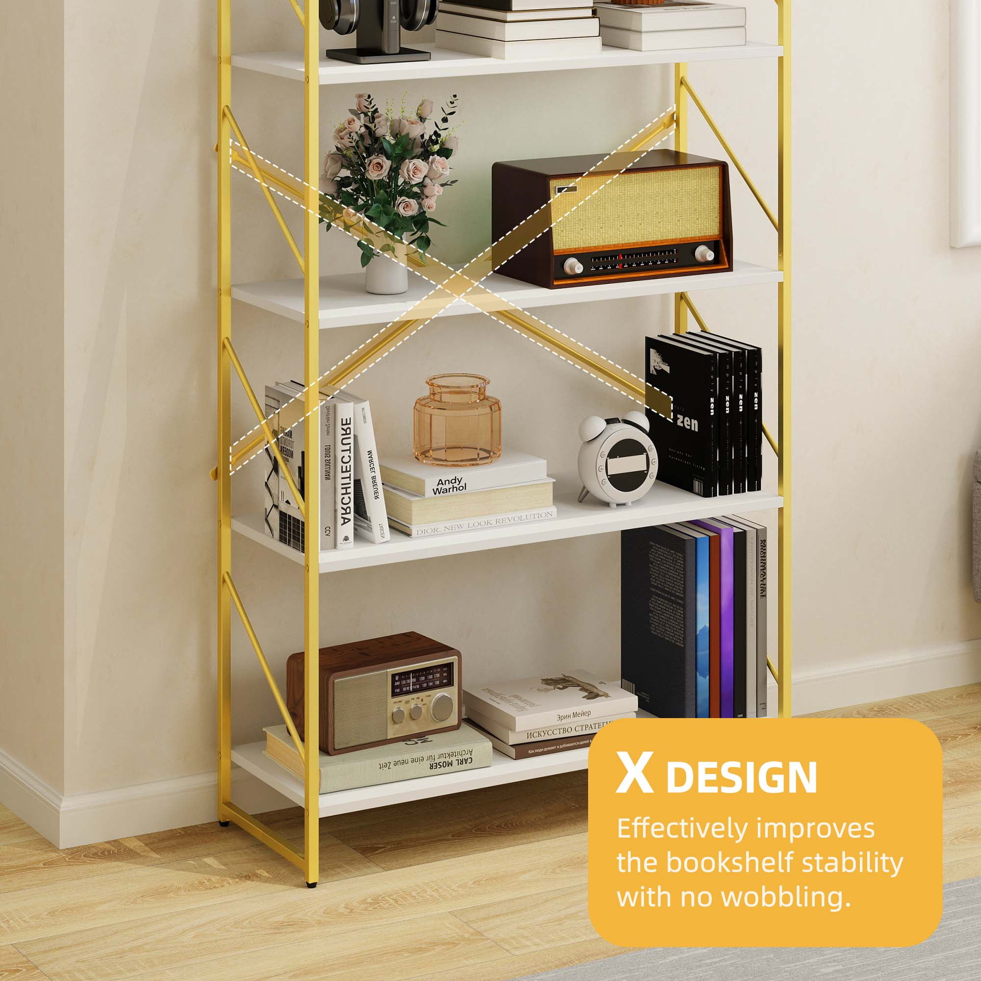 Dextrus 5 Tiers Bookshelf and Bookcase, Modern Wide Gold Bookcase, Open Storage Book Shelves for Living Room Bedroom, Gold - Image 3