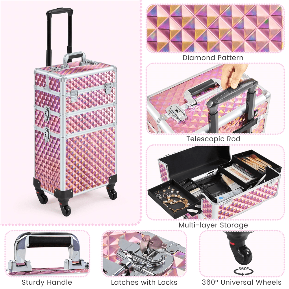 Alden Design 3-in-1 Rolling Makeup Train Case Cosmetic Trolley, Pink - Image 8