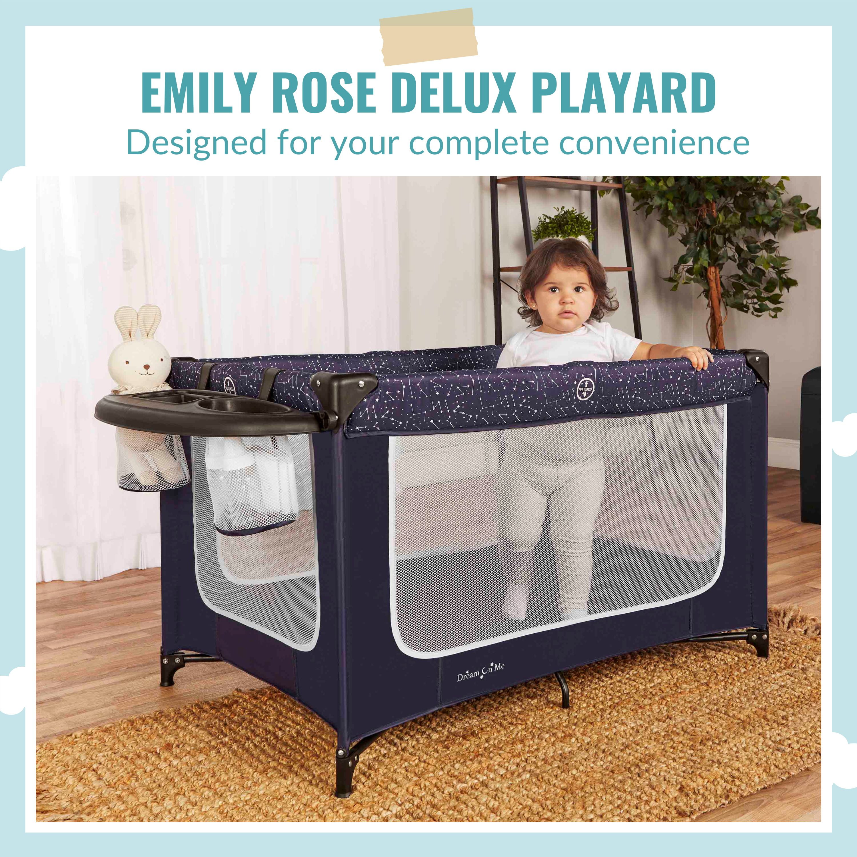 Dream On Me Emily Rose Deluxe Playard with Changing Tray and Infant Bassinet | with Canopy | Waterproof Fabric | with Changing Station | JPMA Certified | Lightweight In In Galaxy Blue - Image 17