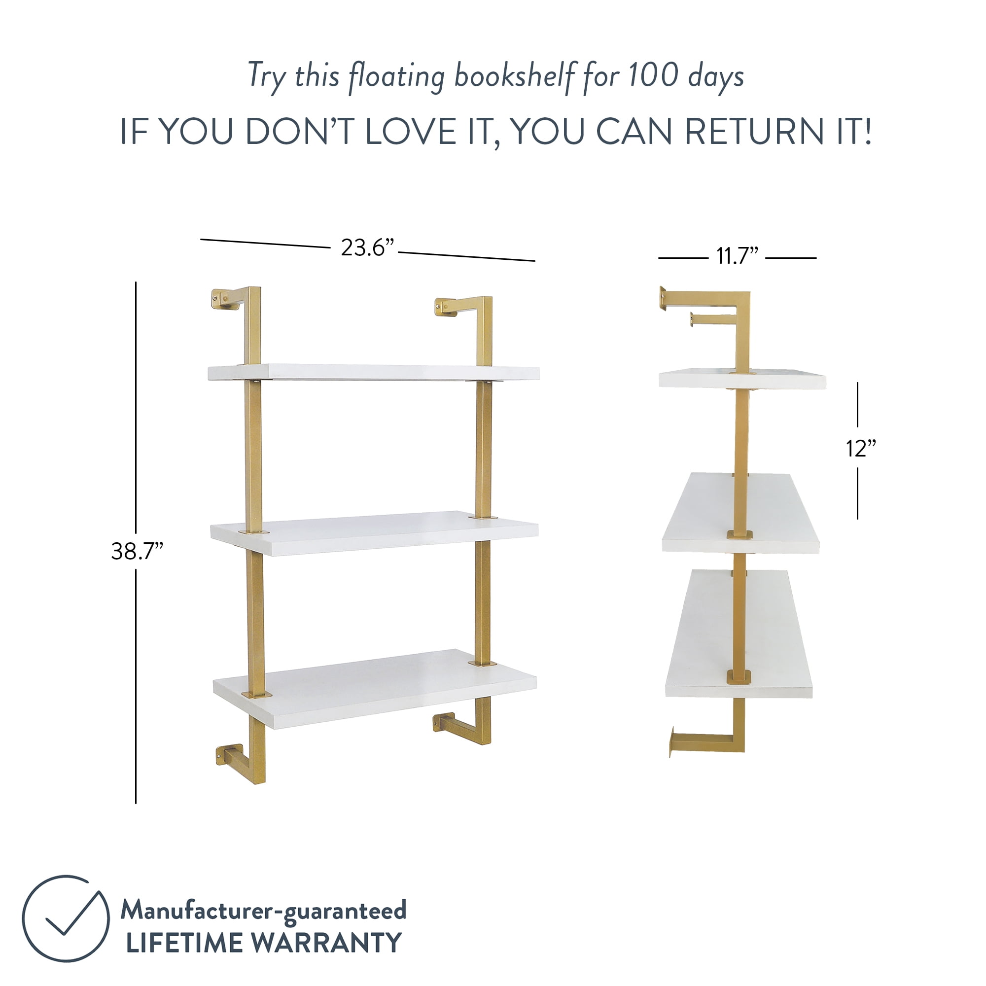 Nathan James Theo 3-Shelf Bookcase Floating Wall Mount White Wood with Gold Brass Metal Frame - Image 7