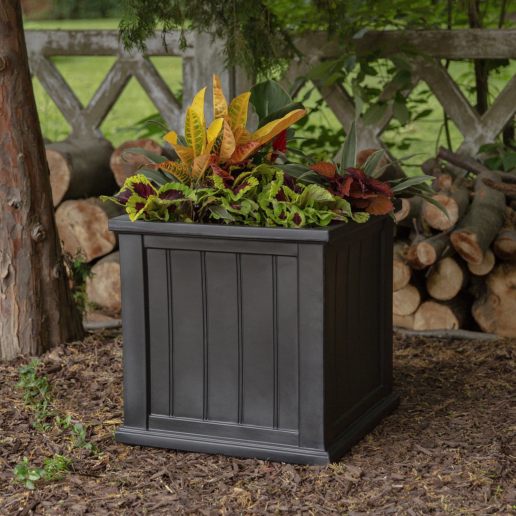 Cape Cod 20" x 20" x 20" Square Black Self-Watering Plastic Planter - Image 10