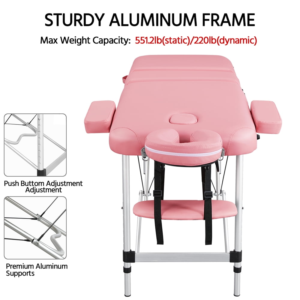 Renwick 3 Section Aluminum Massage Table with Removable Headrest Armrest, 84" x 31.5", Pink - Image 6