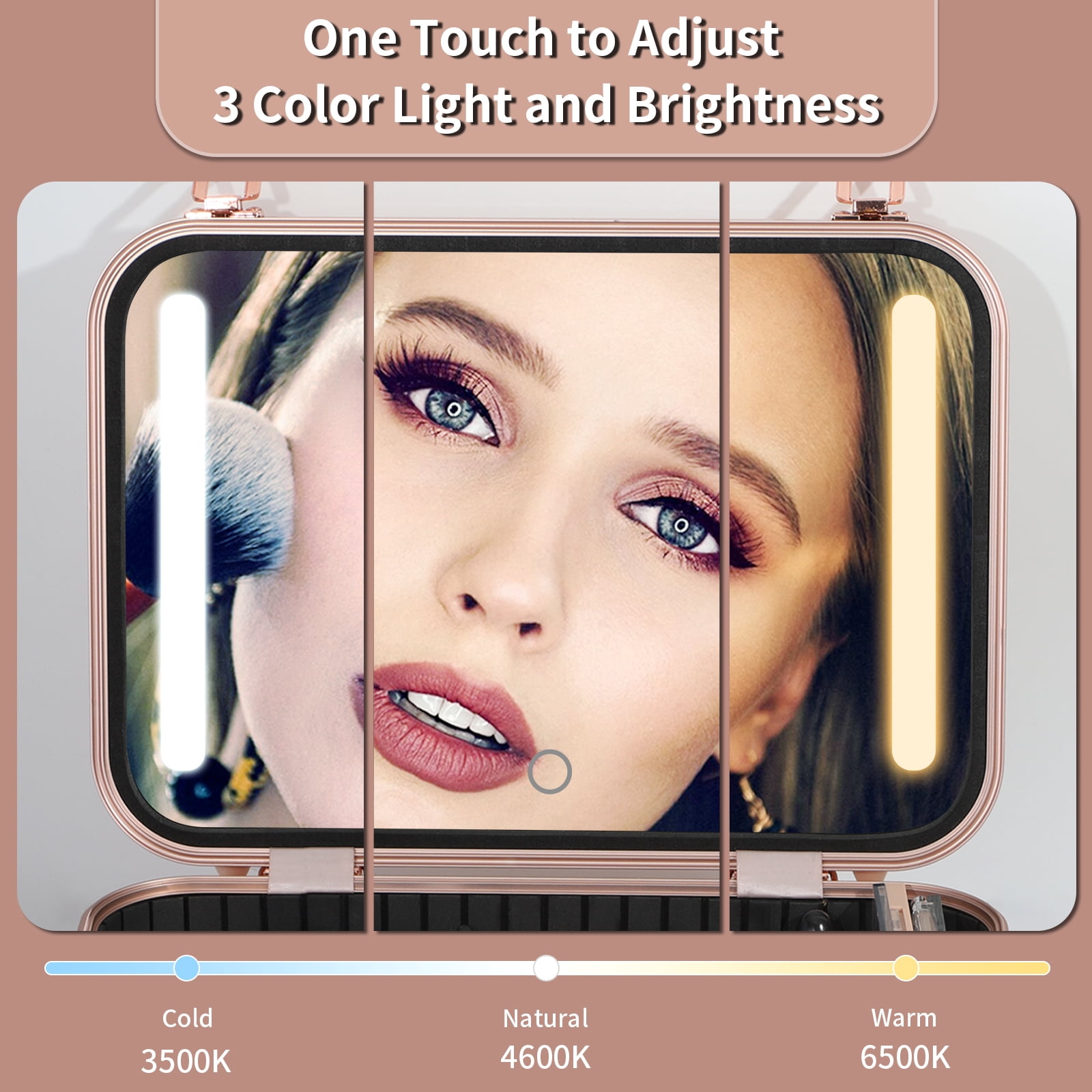 ZXMT 15" Pink Makeup Train Case with Mirror & Light & Jewelry Organizer Cosmetic Case Box with Brushes Board - Image 4