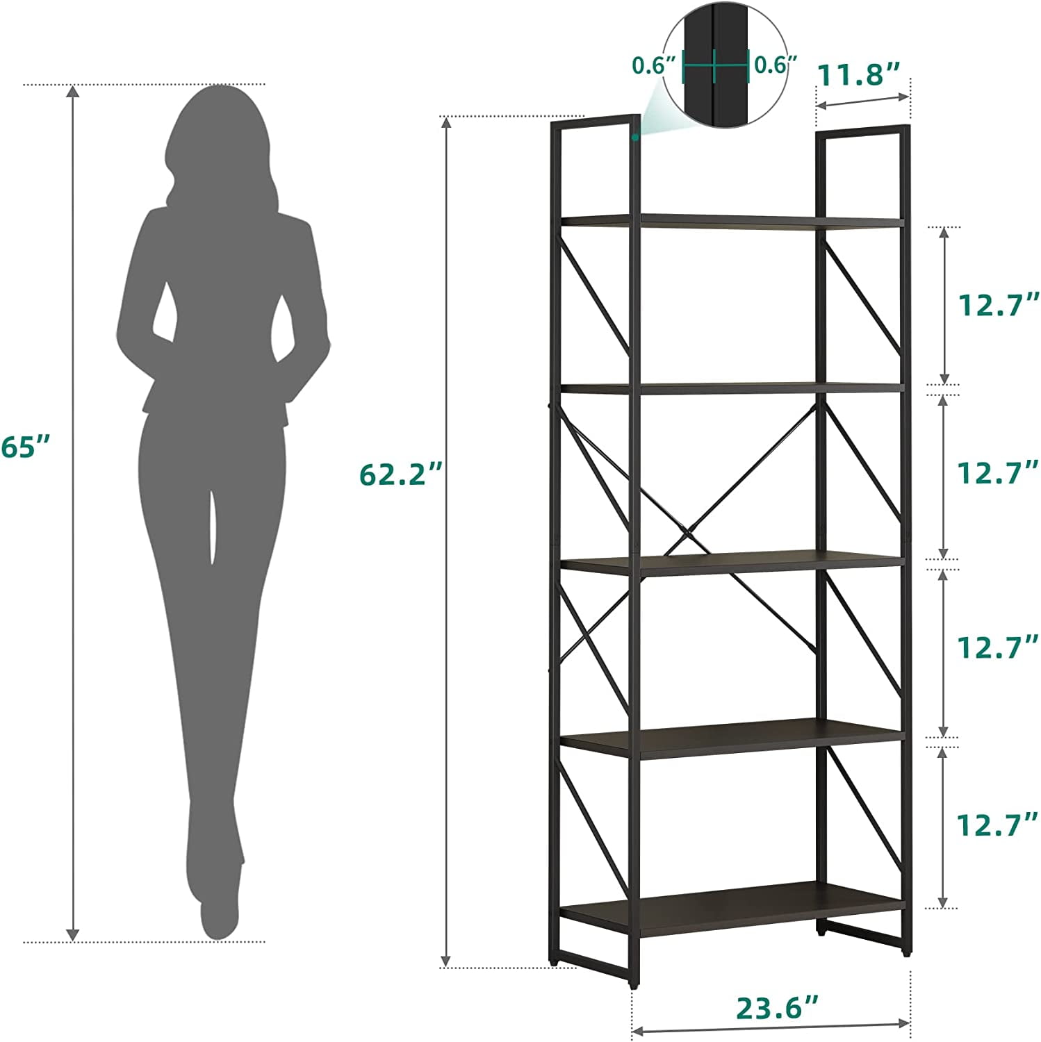 Dextrus 5-Tier Ladder Bookshelf, 65" Industrial Bookcase with Storage Shelves for Bedroom, Living Room, Office – Black - Image 4