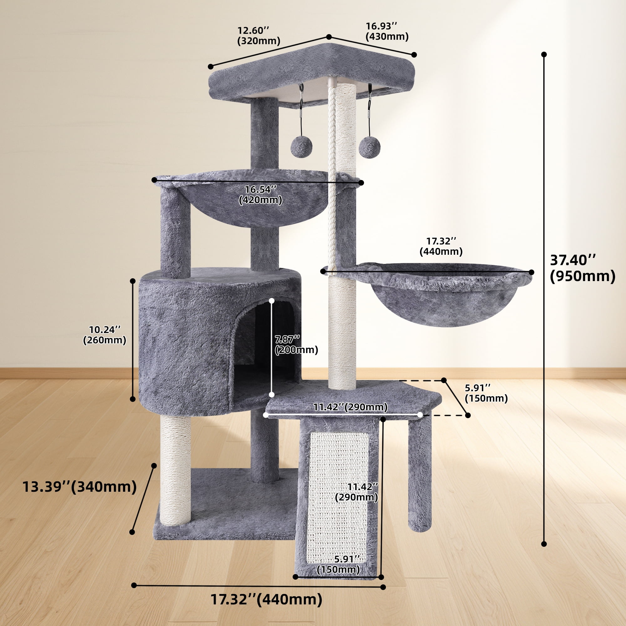 AIWIKIDE 37.4'' Cat Tree Cat Tower with Scratching Posts, Activity Centre Climbing Tree Cat Furniture with Cat Condo and Two Hammocks, Grey - Image 2