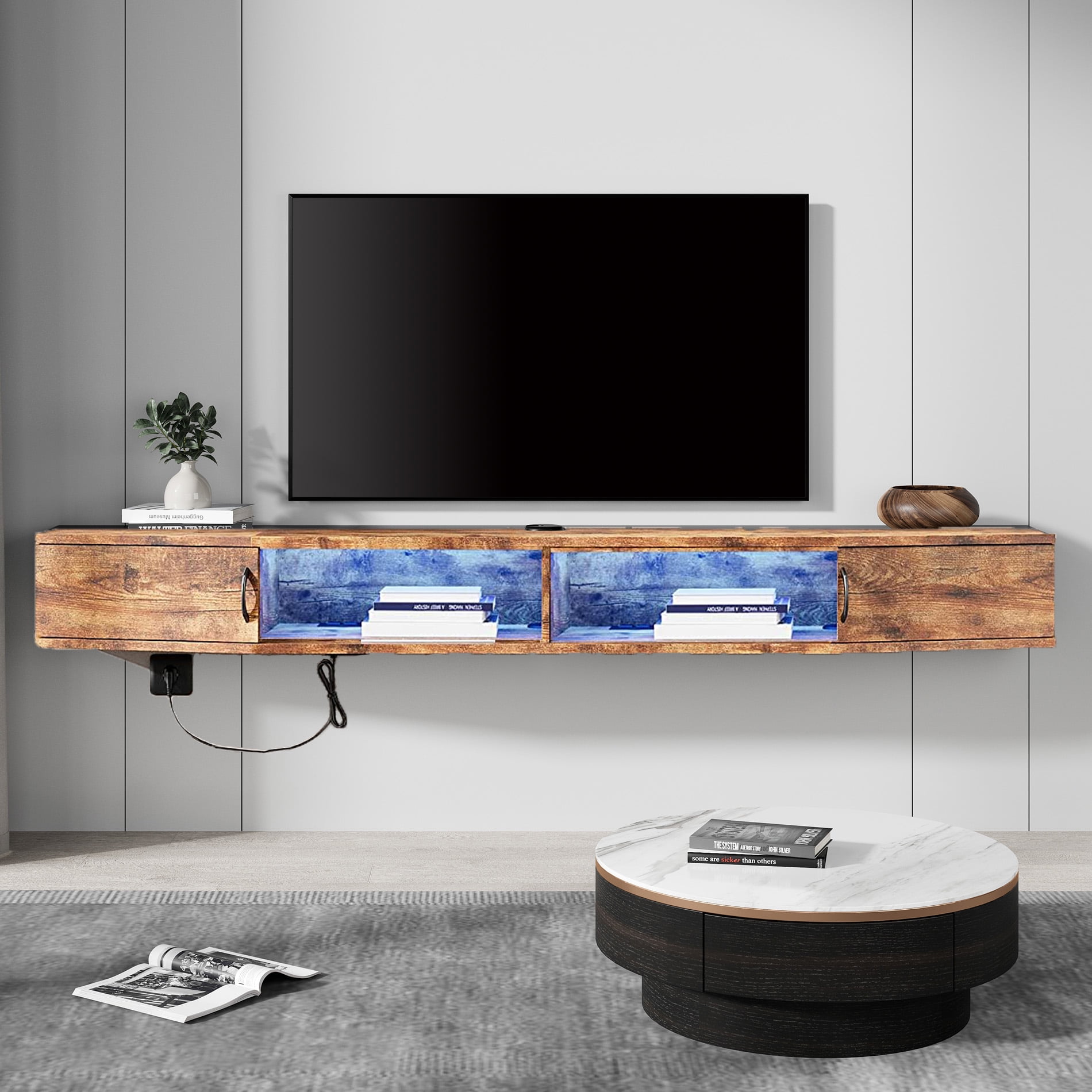 Floating TV Stand Wall Mounted Shelf with Blue LED Lights, Wood Media Console Entertainment Center Under TV, Cabinet Hutch Desk Storage for Living Room,Rustic Brown - Image 9