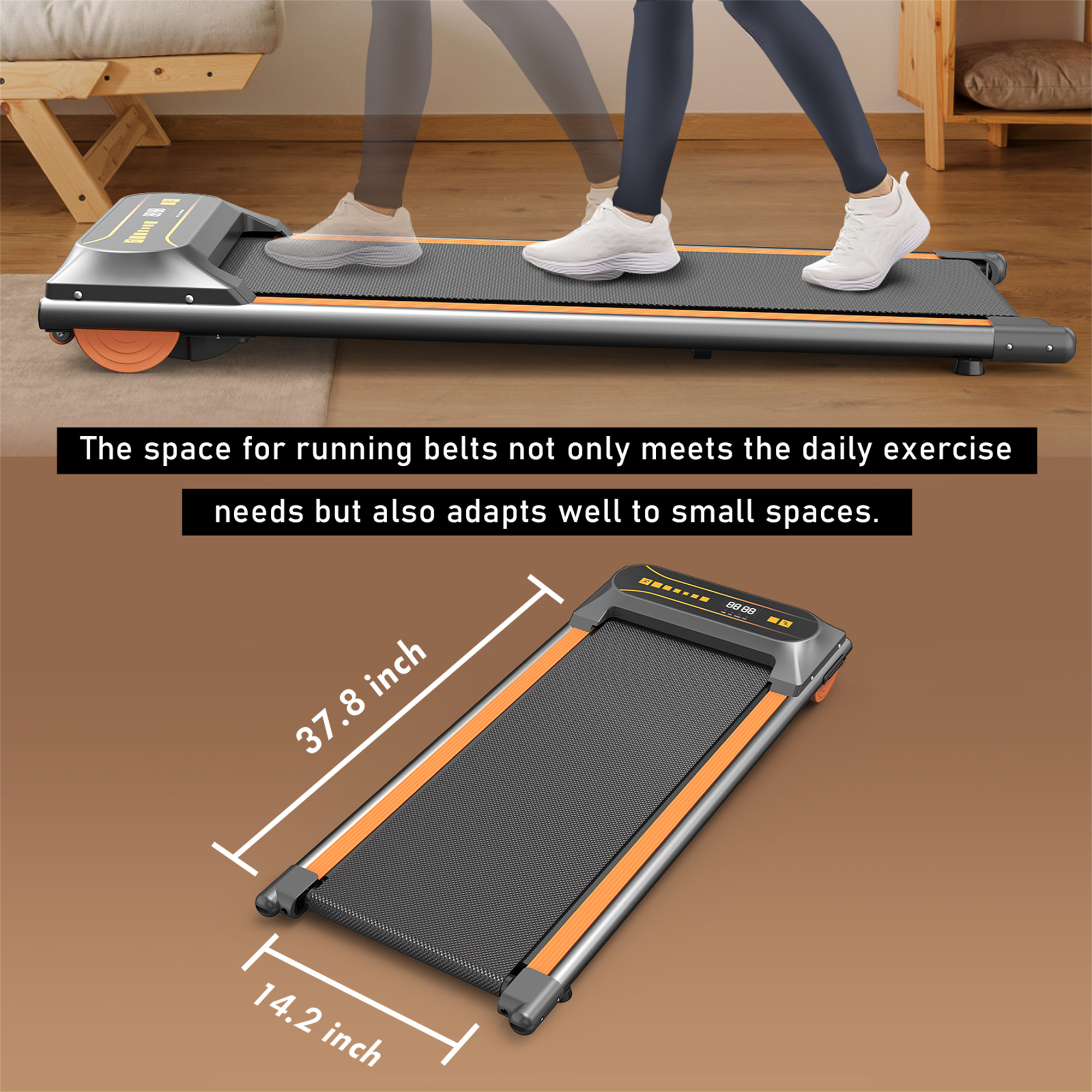 Aukfa Walking Pad Treadmill with Incline, Under Desk Treadmill Portable Treadmill for Home Office Walking Running, 265 lb Capacity, 4 mph Speed, Orange - Image 2