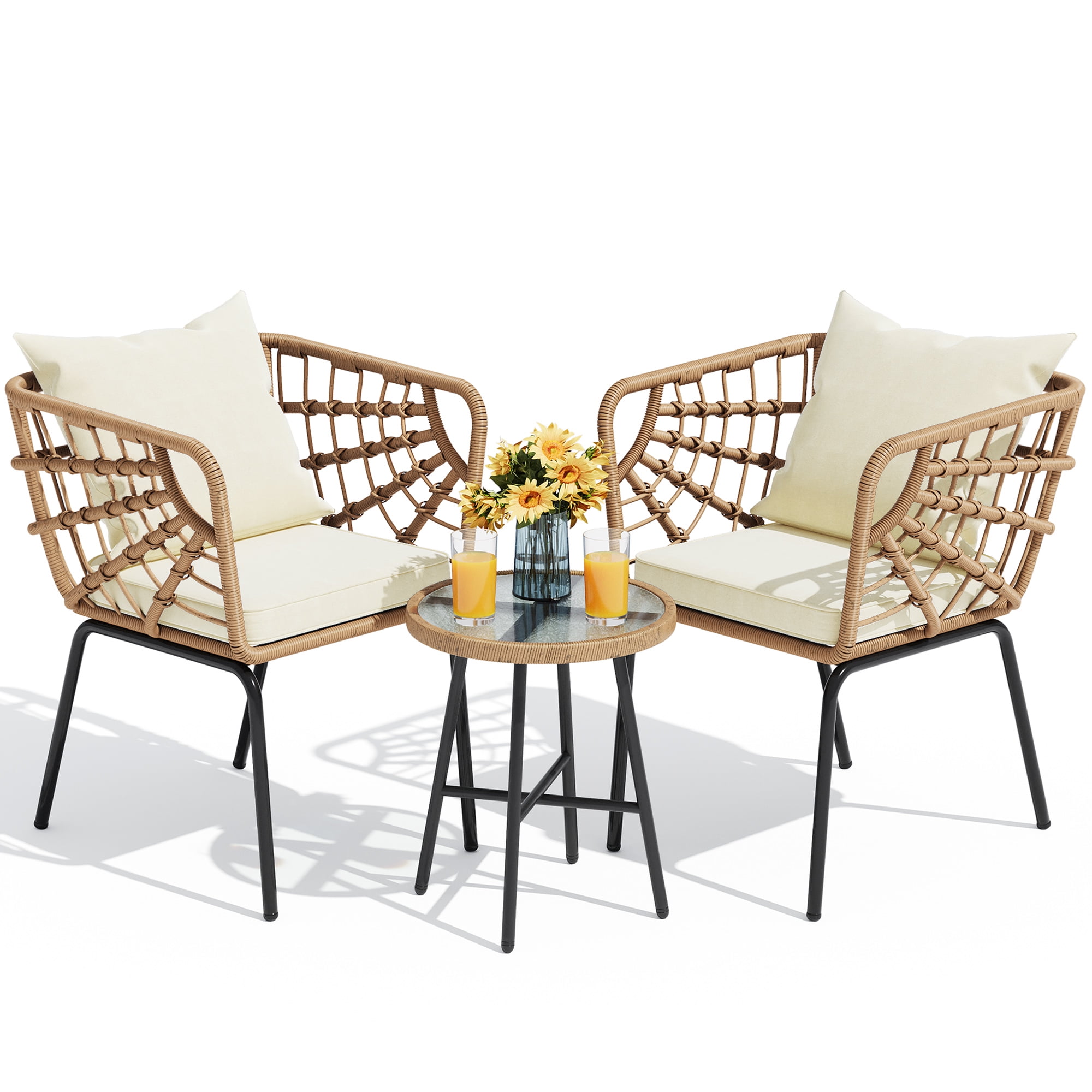 Dextrus 3-Piece Outdoor Patio Furniture Wicker Bistro Set, With 2 Chairs and Coffee Table,Cushions and Lumbar Pillows-Beige - Image 10
