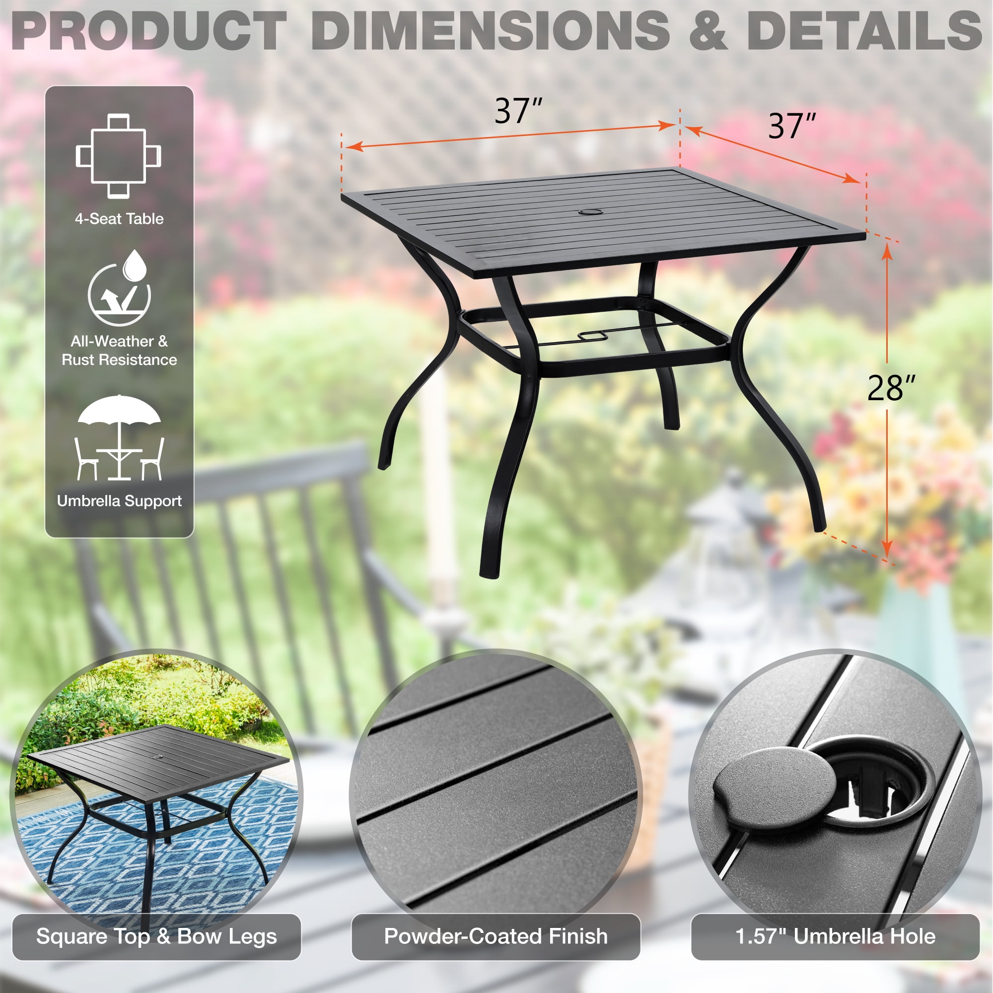 MF Studio 5-Piece Outdoor Patio Dining Set with 4 Metal Stacking Armchairs & 1 Square Table with Umbrella Hole, Black - Image 11
