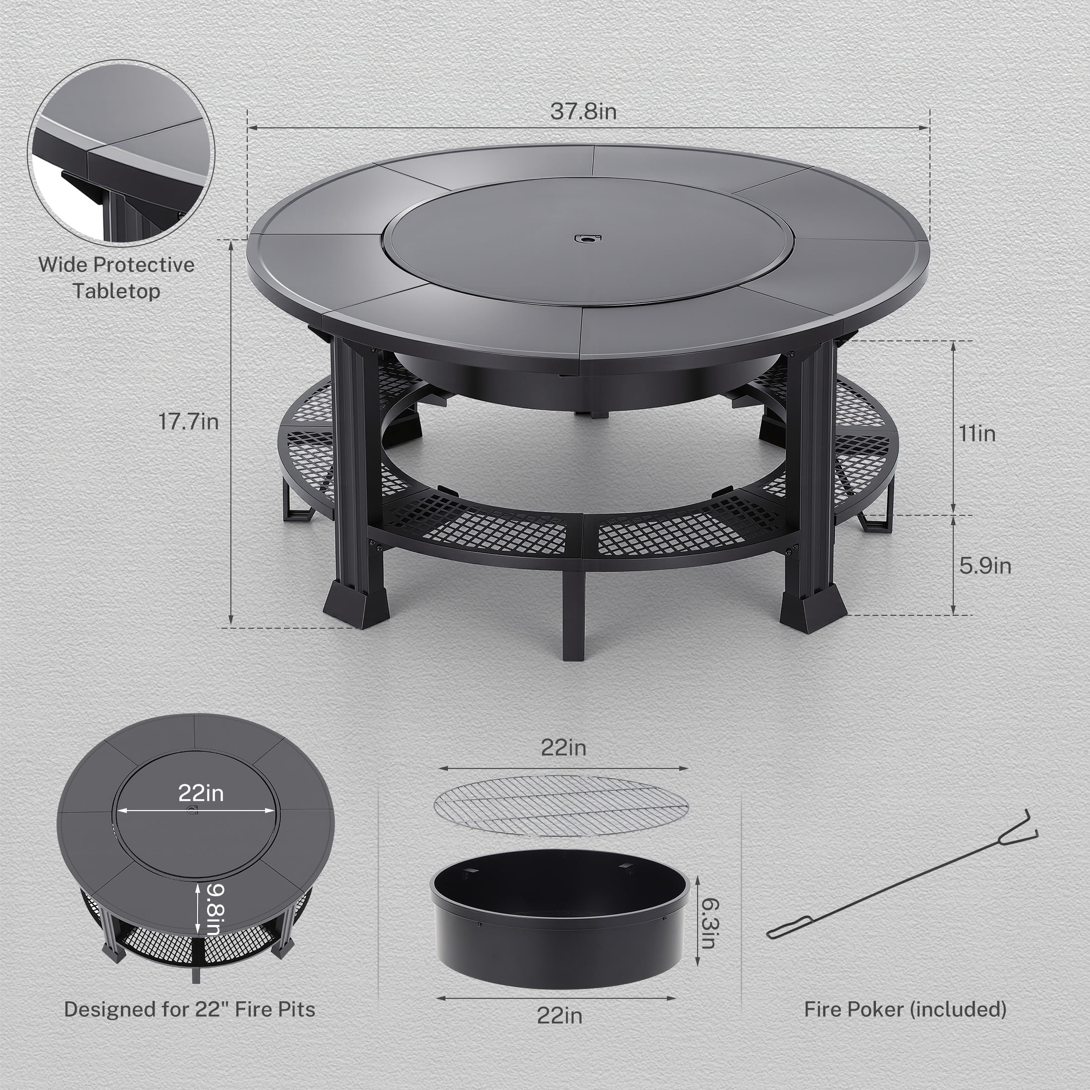 Fire Pits for Outside, 38" Wood Burning Fire Pit Table with Poker, BBQ Net Grill, Cover & Firewood Rack, Round Outdoor Fire Pit for Patio, Backyard & Garden, Round Fire Pit/BBQ Fire Pit, Black - Image 6