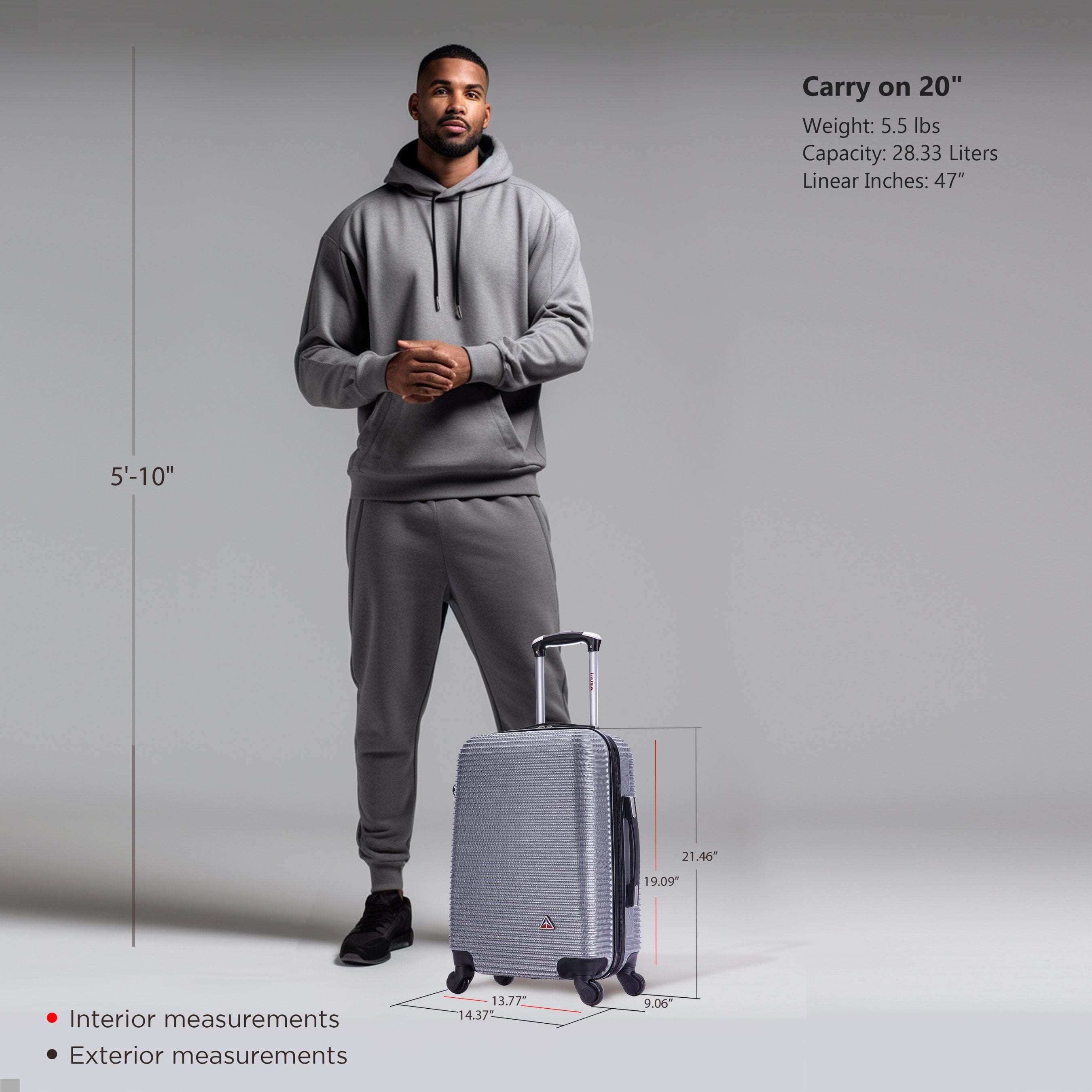 InUSA Royal 20" Hardside Lightweight Luggage with Spinner Wheels, Handle, and Trolley, Silver - Image 5