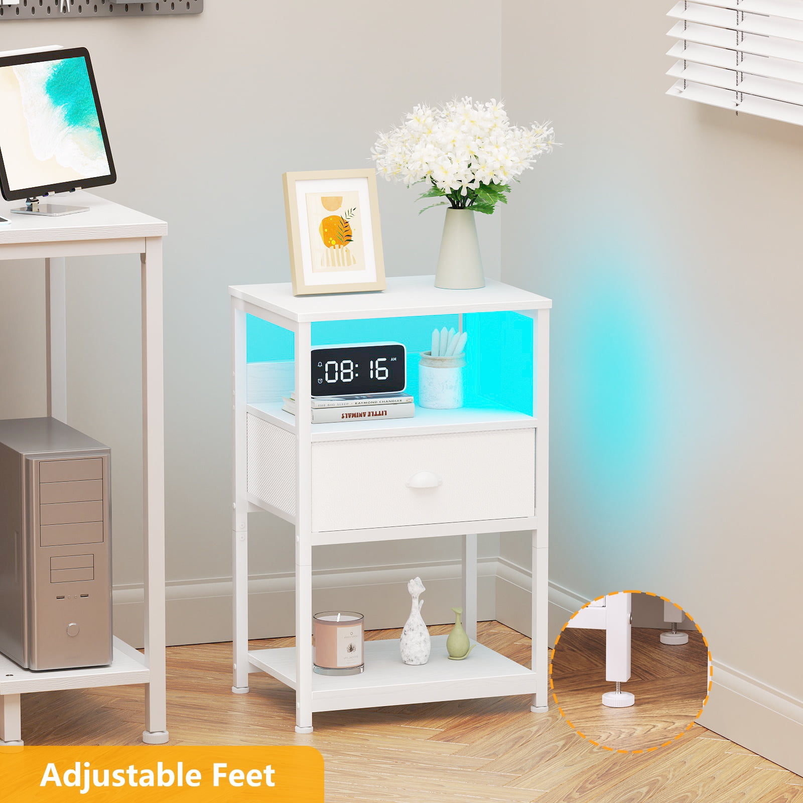 Furologee LED Nightstand with Charging Station for Living Room, Bedside Table with USB Ports & Outlets, White - Image 6