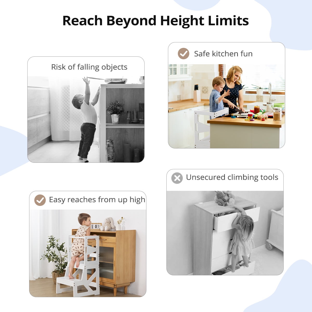 Kids Step Stool, CAVEEN Toddlers Kitchen Stool Helper, 300lbs Loading Capacity Tower for Bathroom Kitchen Counter, White - Image 6