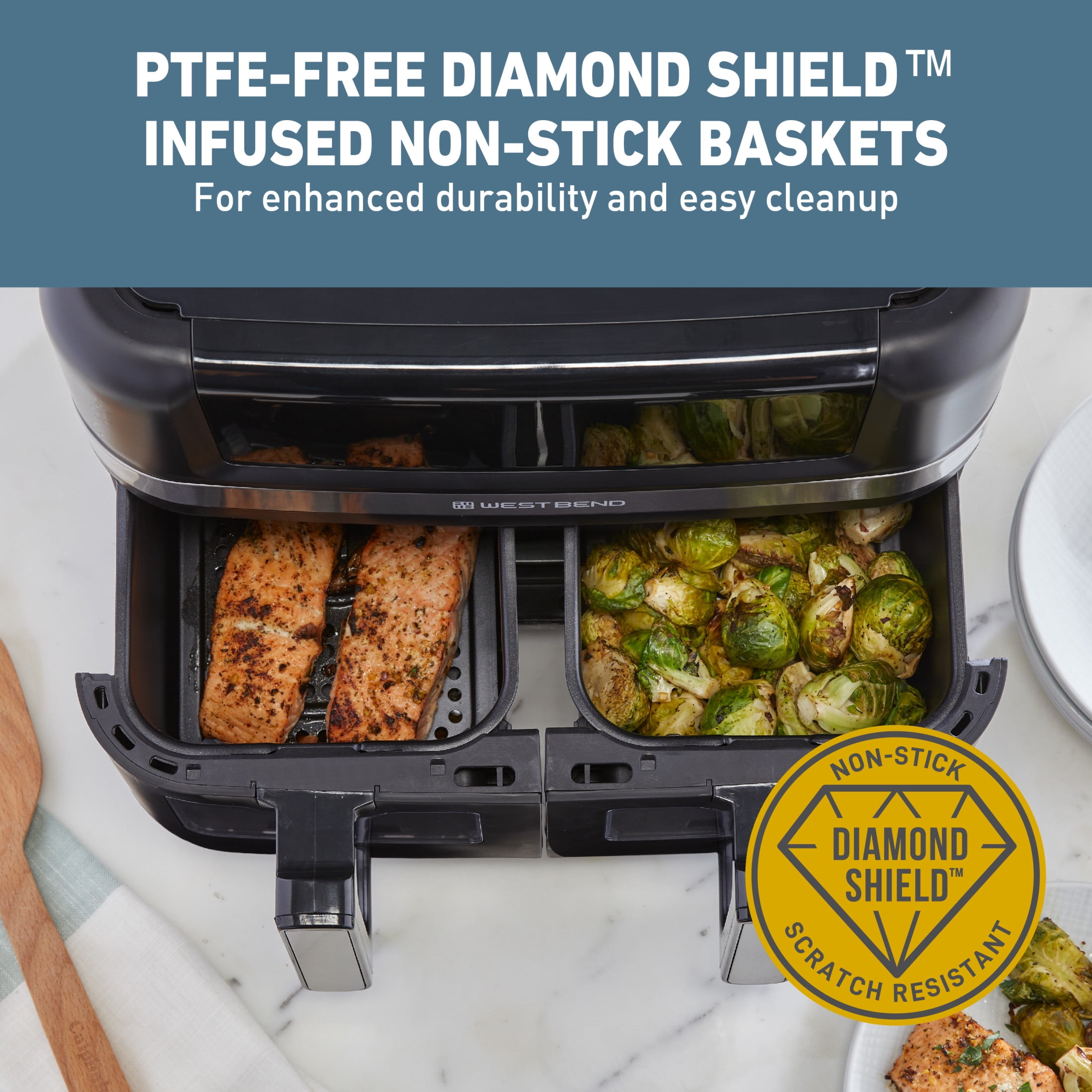 West Bend 10 Qt. Double UP Air Fryer with 15 Presets and Easy-View Windows, in Black (AFWB10BK13) - Image 7