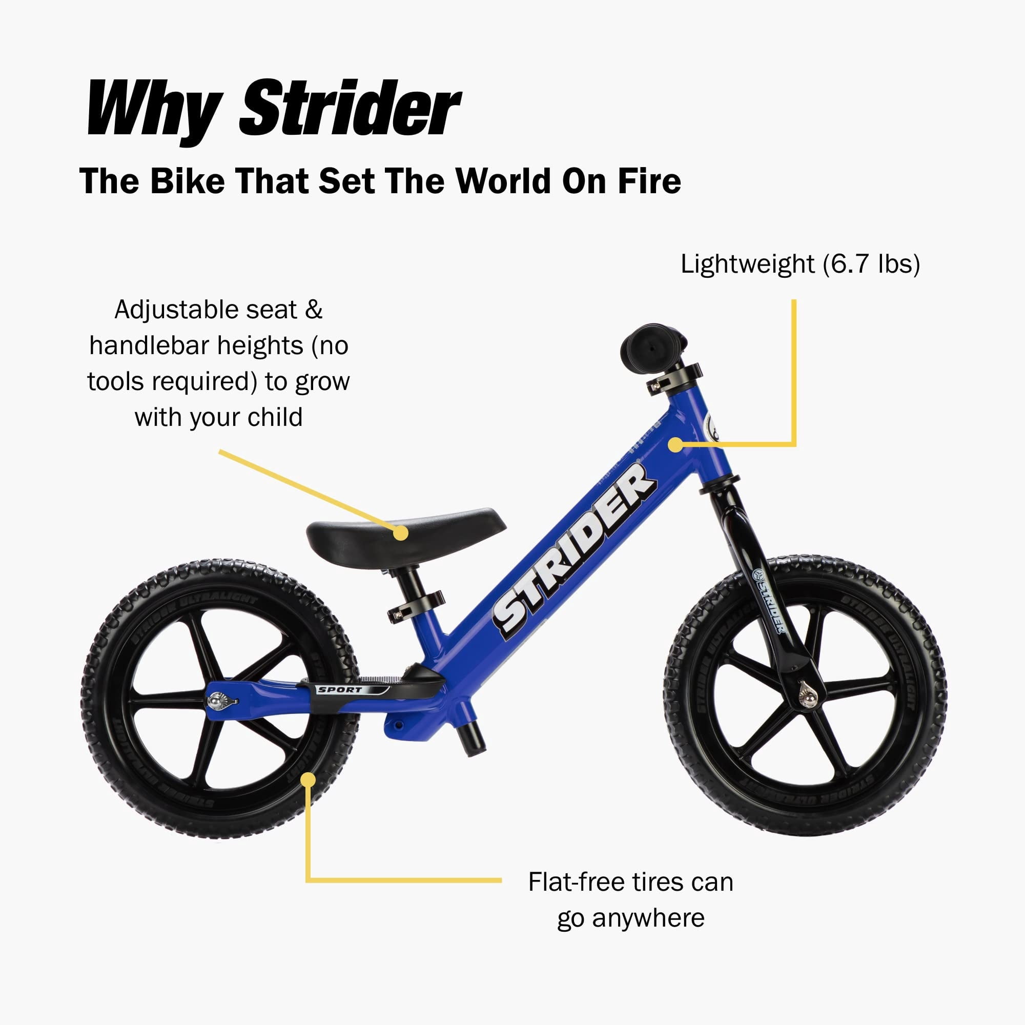 Strider 12” Sport Bike, Blue - No Pedal Balance Bicycle for Kids 1 to 4 Years - Includes Safety Pad, Padded Seat, Mini Grips & Flat-Free Tires - Tool-Free Assembly & Adjustments - Image 6