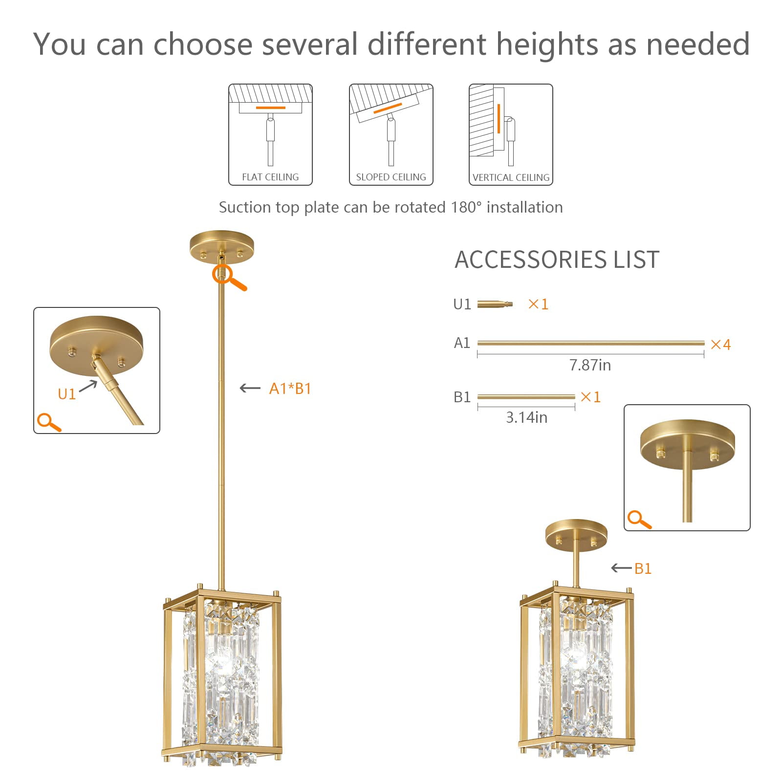 ZHLWIN Dining Room Light Fixture Semi Flush Mount Ceiling Light Fixture, Lndustrial Farmhouse Chandelier Gold Metal Crystal Pendant Light for Hallway Balcony Kitchen Island - Image 7