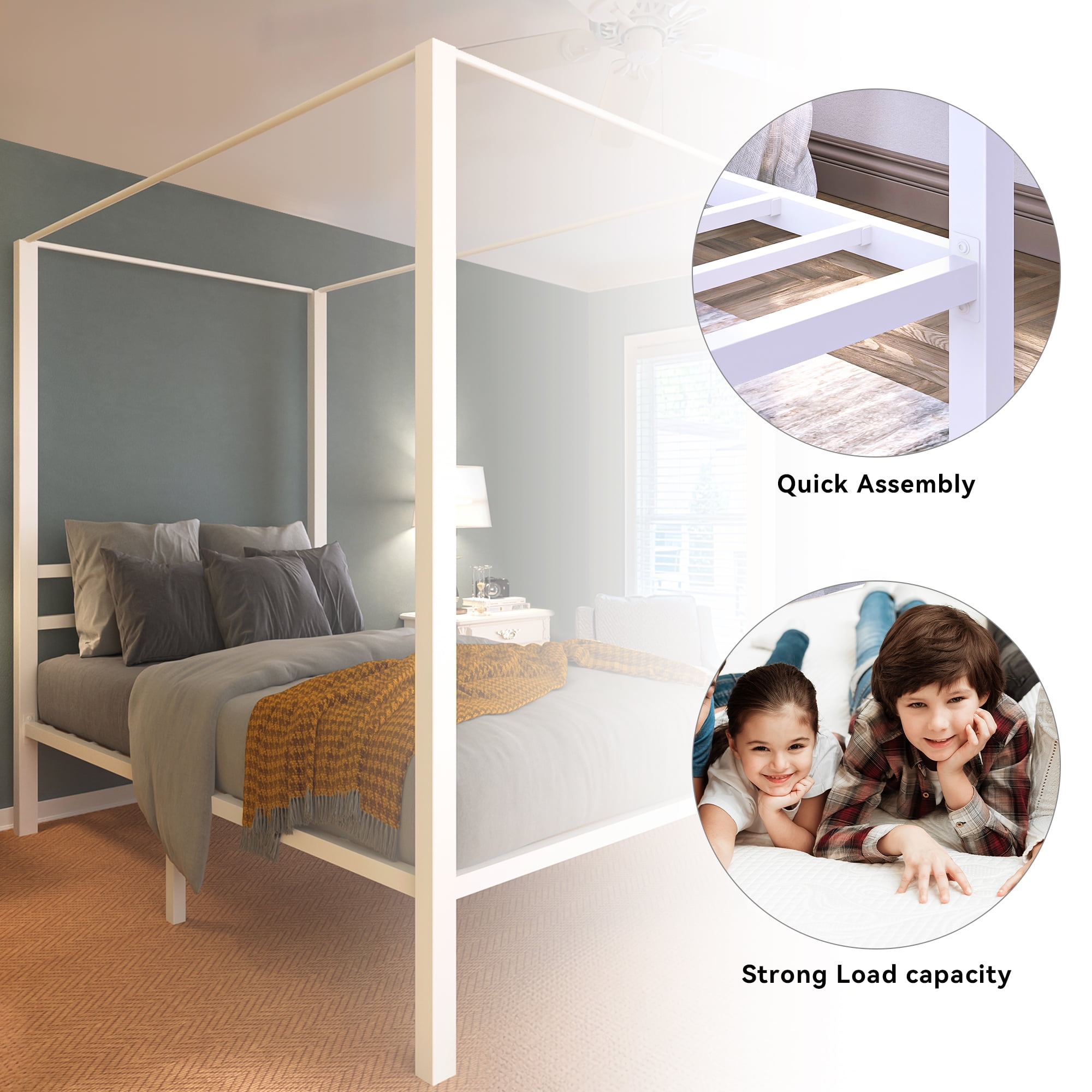 Dextrus Metal Canopy Bed Frame 14 inch Platform with Built-in Headboard,No Box Spring Needed, White - Image 7