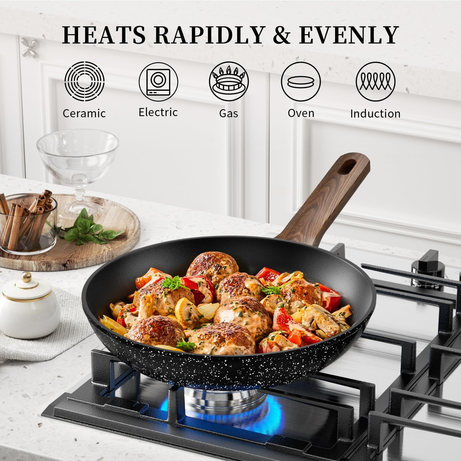 Innerwell 8" 9.5" and 11" Black Nonstick Frying Pan Set with Lid Non Toxic Cooking Kitchen Set Induction Skillets - Image 6