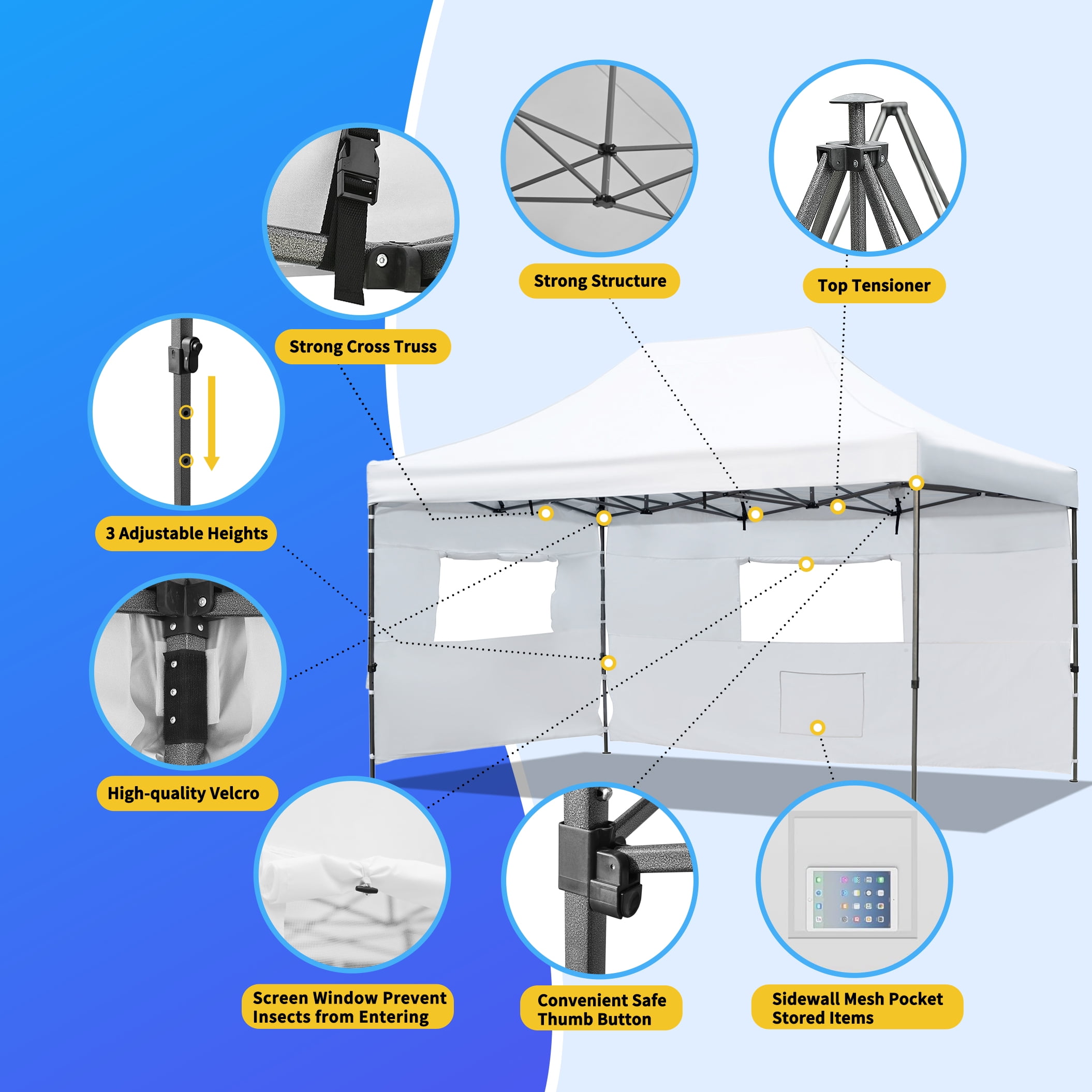 Euroco 10x15 Pop Up Canopy Tent, Heavy Duty Party Tent with 4 Sidewalls UV Waterproof Protection, 3 Height Adjustable Outdoor Canopy Tent for Weddings, Events, and Backyard Gatherings, Blue - Image 4