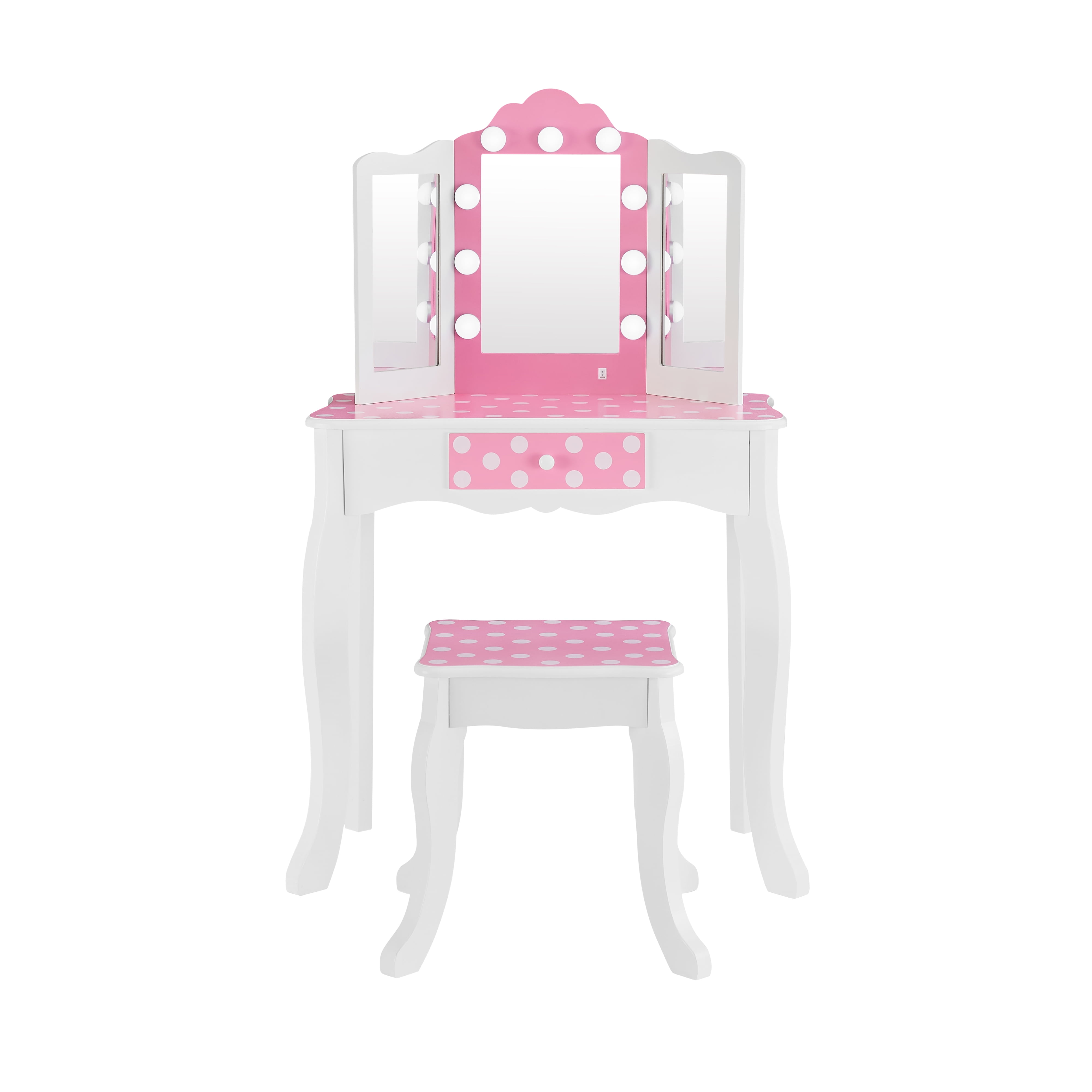 Fantasy Fields Gisele Polka Dot Kids Vanity Table & Stool with LED, White & Pink - Image 6
