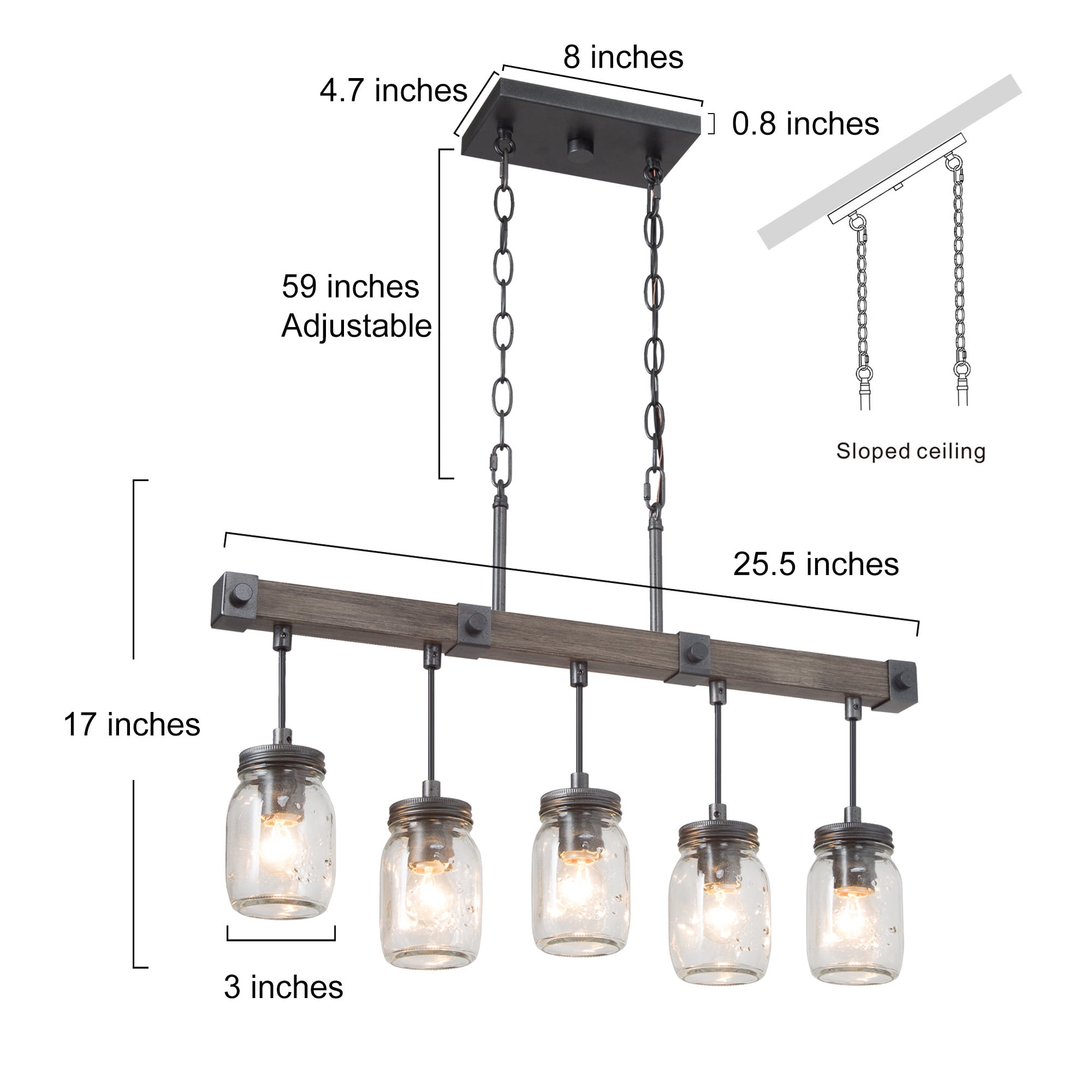 LNC Farmhouse 5-Light Linear Chandelier with Mason Jar Glasss, Rustic Wood and Iron Finish - Image 9