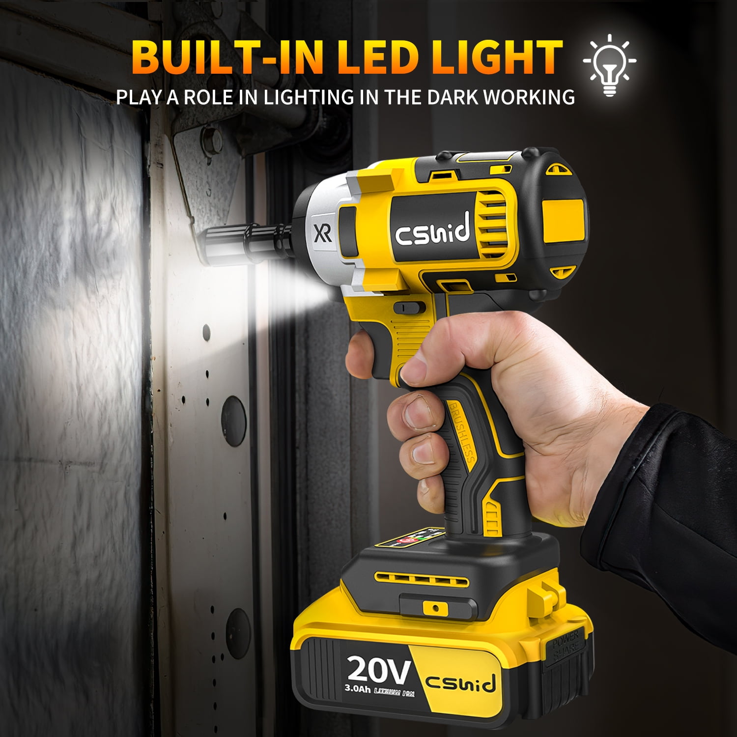 Cshidworld Cordless Impact Wrench 1/2", 20V Powerful Brushless Motor w/ 2-Mode Speed, Power Impact Wrench W/ 5 Sockets,8 Drill,6 Screws, Max Torque 280 ft-lbs (380N.m), Includes 2 x 3.0A Batteries - Image 6