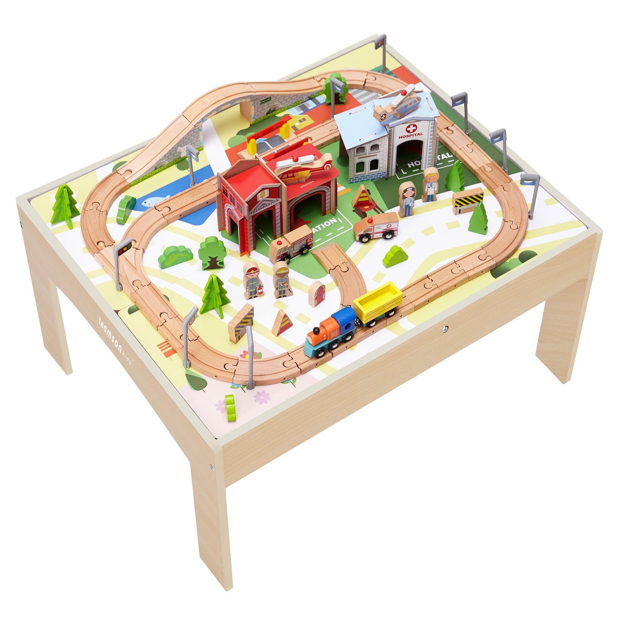 Teamson Kids Preschool Play Lab 85-Piece Wooden Train Table & Town Playset - Image 7