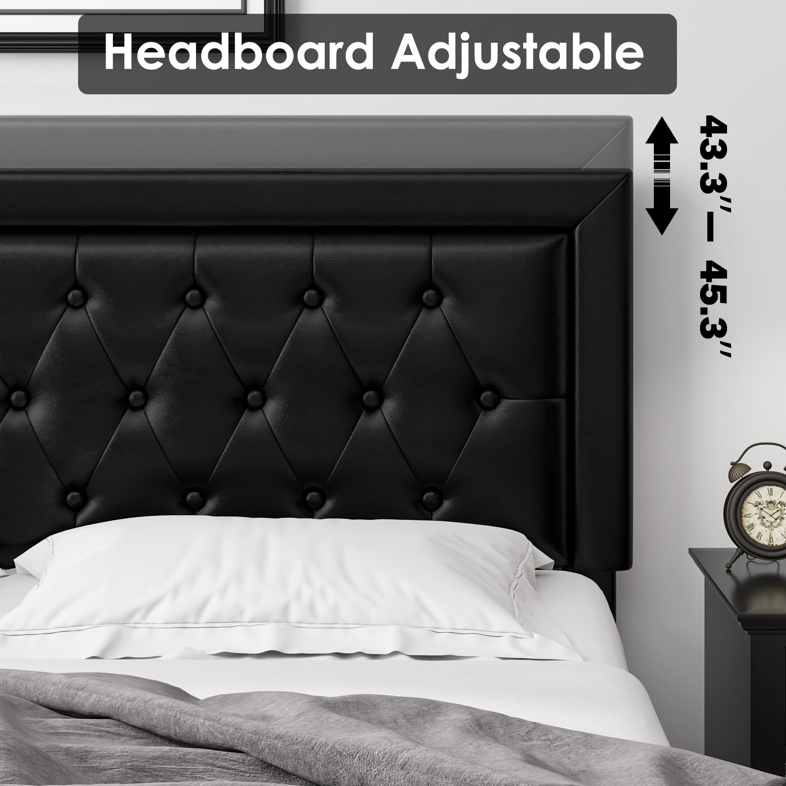 Homfa Queen Size 2 Drawers Bed Frame, PU Leather Upholstered Platform Bed with Adjustable Button Headboard, Black - Image 5