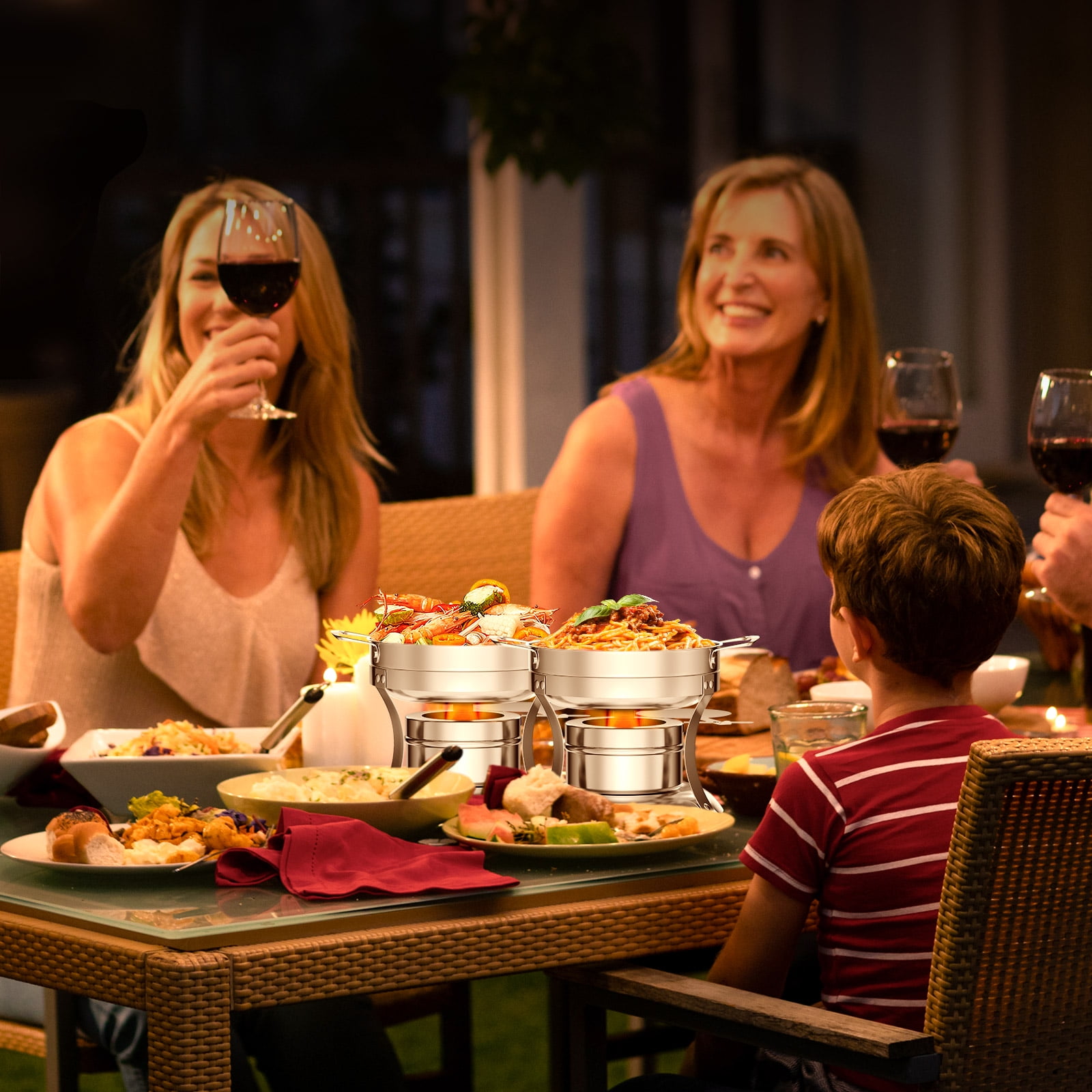 WARMOUNTS Chafing Dish Buffet Set, 4 Pack 1-Quart Round Buffet Chafe Warmer Set, 410 Stainless Steel Chafing Dish Buffet Food Warmer with Glass Lid & Holder - Image 5