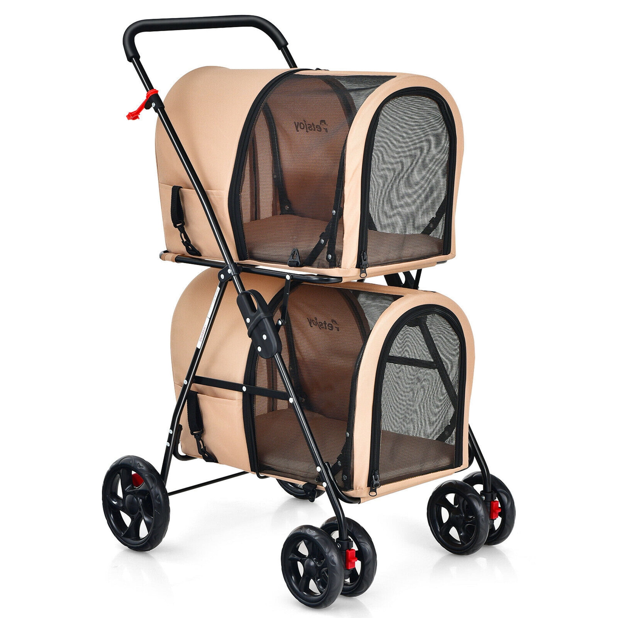 Gymax 4-in-1 Double Pet Stroller w/ Detachable Carrier Travel Carriage for Cats Beige - Image 8