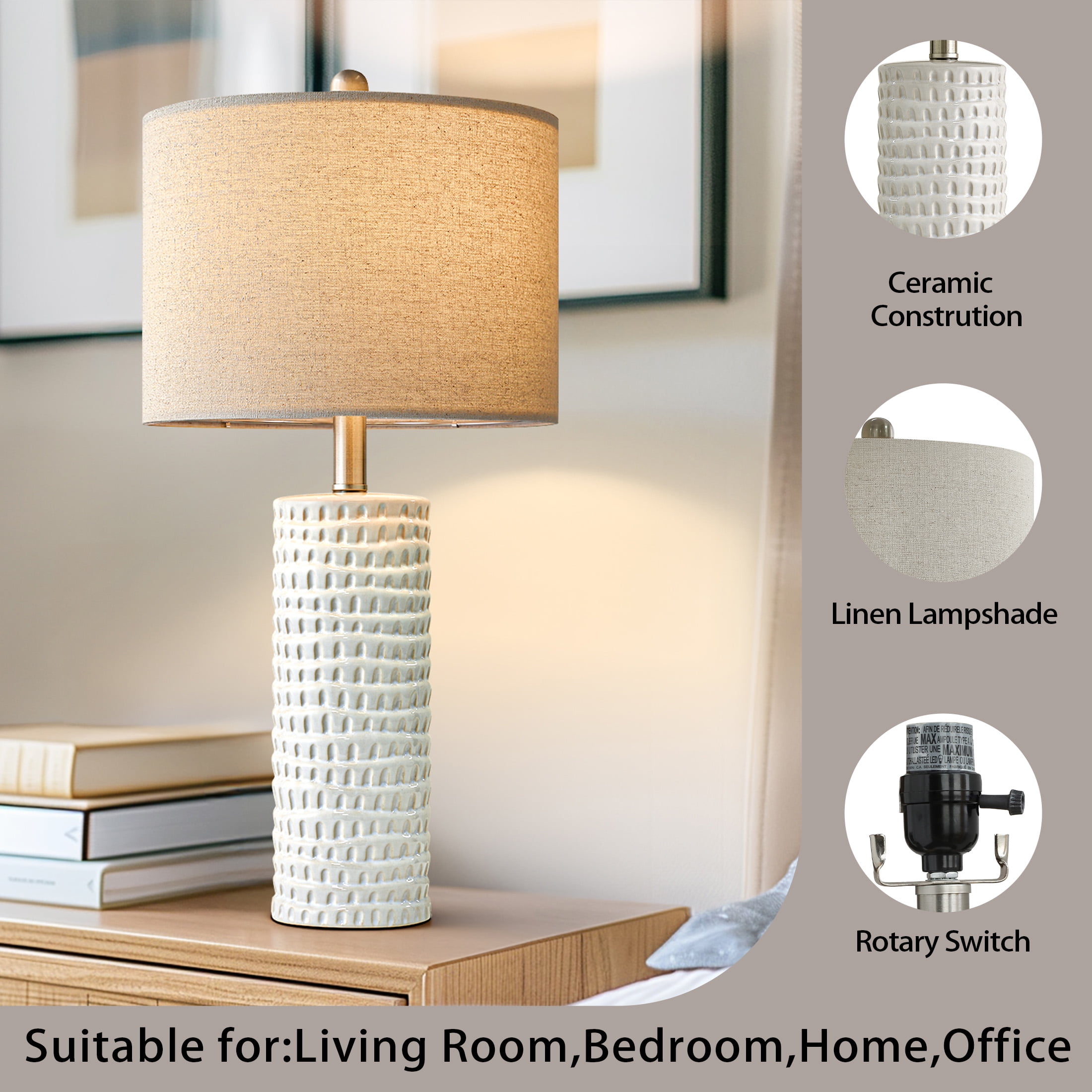 Oneach Ceramic Table Lamp Set of 2 24" White Contemporary Bedside Nightstand Lamps for Bedroom Living Room - Image 2