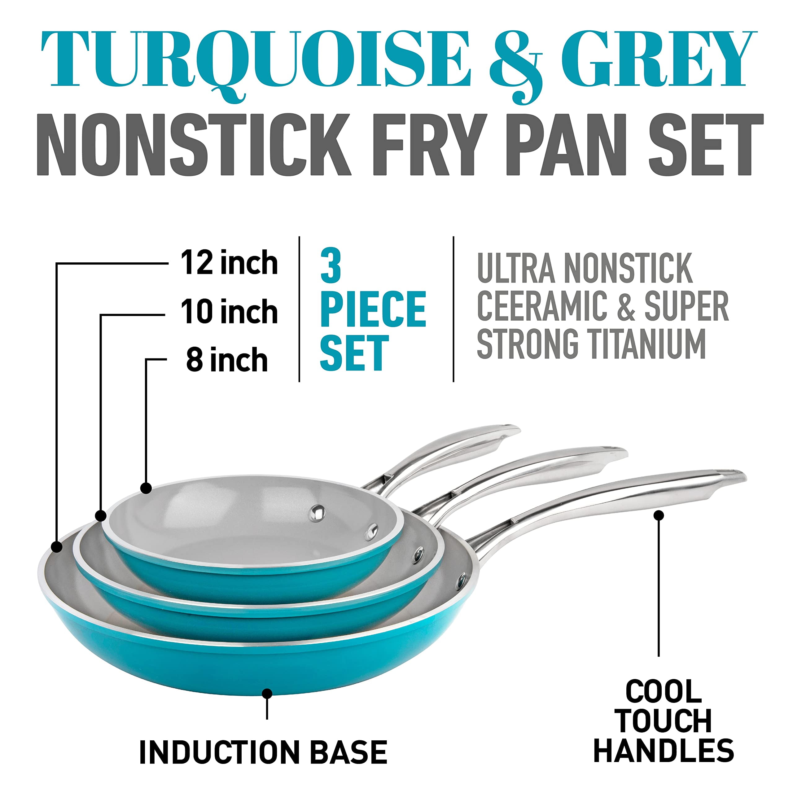 Gotham Steel Diamond Nonstick Frying Pan 3 Piece Set Skillets Ceramic Cooking Pan Induction Oven Safe Aqua Blue Gray - Image 2