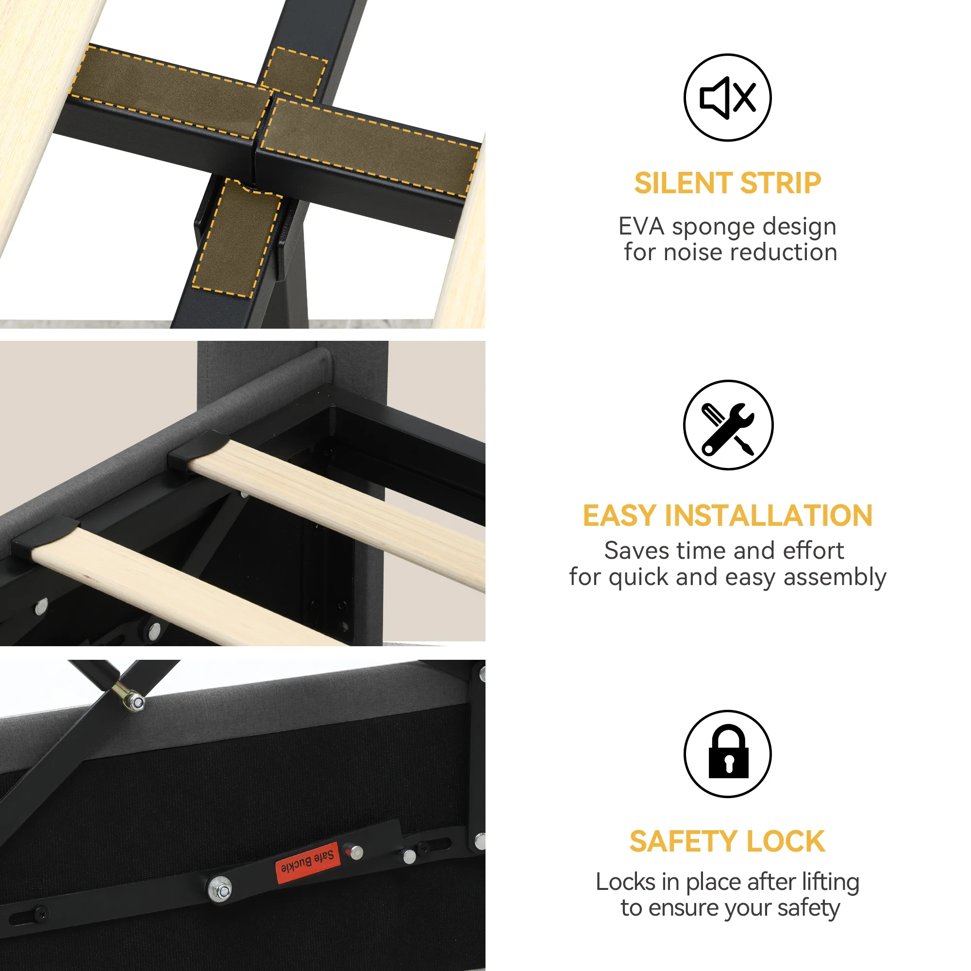 Dextrus Lift Up Storage Bed, Gray Upholstered Queen Bed Frame with Wingback Headboard, USB and Type-C Ports, No Box Spring Needed - Image 5