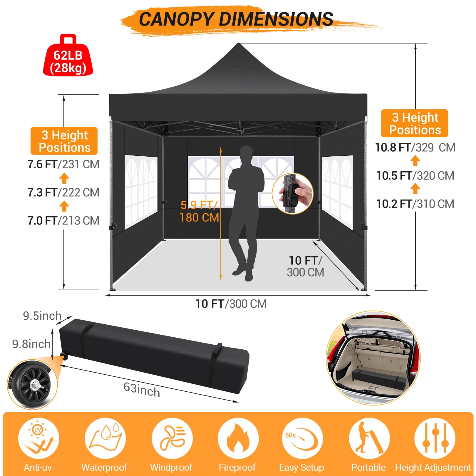 SANOPY 10x10 FT Pop Up Canopy Tent Outdoor Heavy Duty Commercial Instant Shelter Waterproof Party Tent Gazebo with 4 Removable Sidewalls, Roller Bag and 4 Sandbags, Black - Image 7
