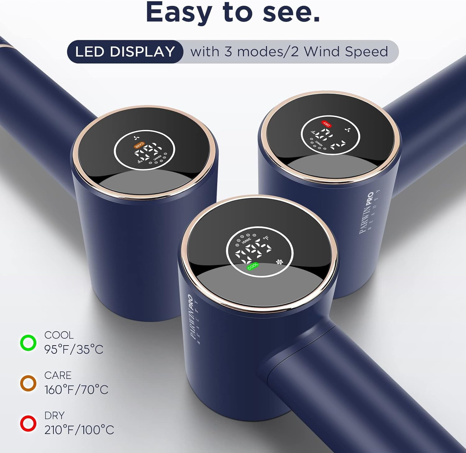 Hair Dryer, 110, 000 RPM Air-Sonic High-Speed Blow Dryer for Fast Drying, Cool/Care/Dry Mode Display & 200 Million Negative Ionic, PARWIN PRO BEAUTY 1875W Hair Dryer with Diffuser, Prussian Blue - Image 7