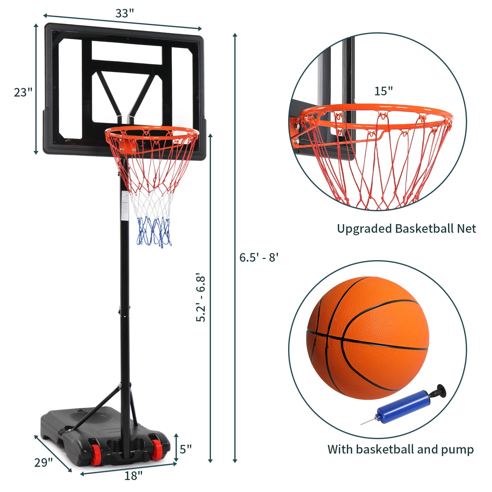 Ktaxon 6.5-8ft Basketball Hoop System, 33in Portable Basketball Goals with Basketball and Indoor Outdoor - Image 2