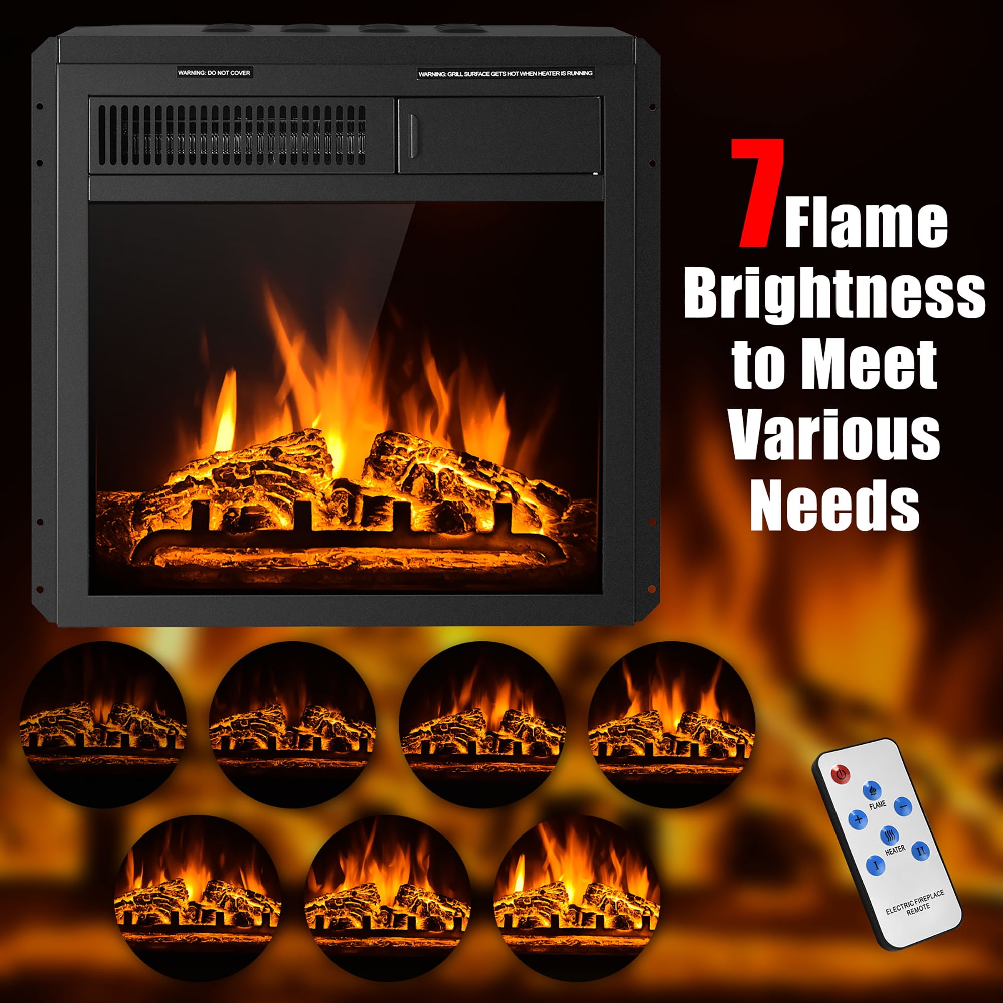 Costway 18'' Electric Fireplace Insert Freestanding & Recessed Heater Log Flame Remote - Image 9