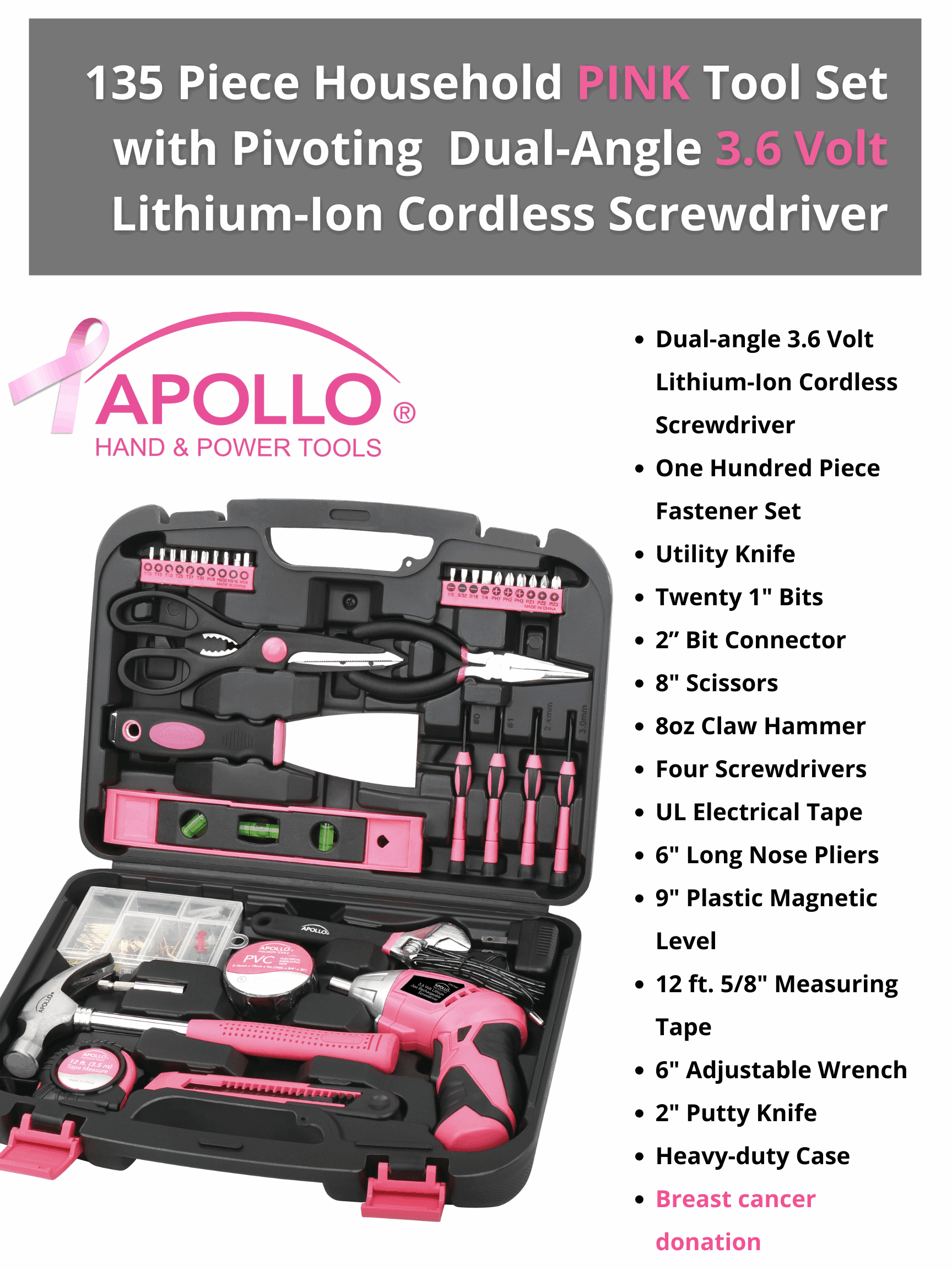 Apollo Tools 135 Piece Household Tool Kit Pink with Pivoting Dual-Angle 3.6 Volt Lithium-Ion Cordless Screwdriver - DT0773N1 - Image 2