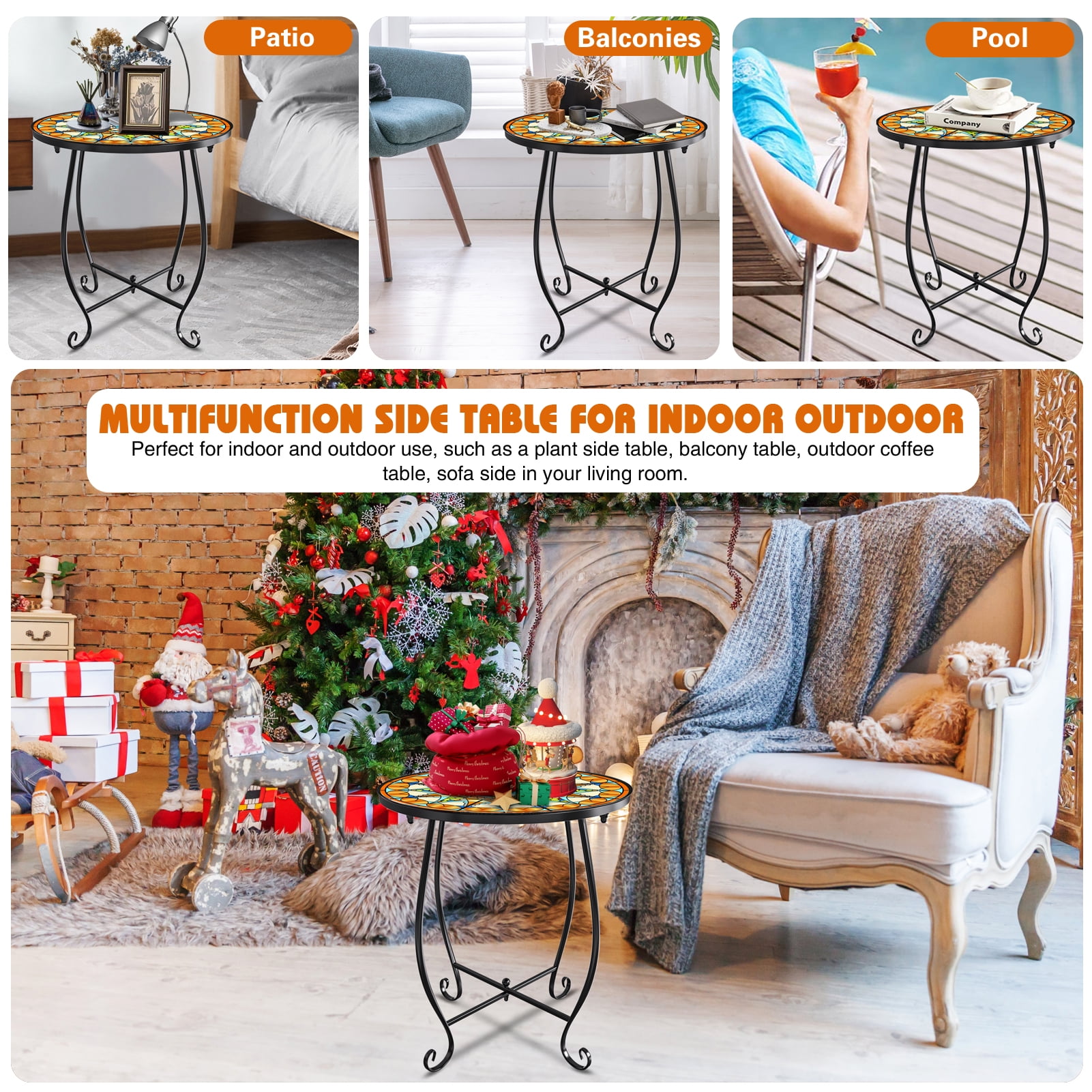 Rekopi 17 inch Table Round Outdoor End Tables Patio Mosaic Tabletop Coffee Table for Living Room, Indoor Outdoor, 2 Pack - Image 4