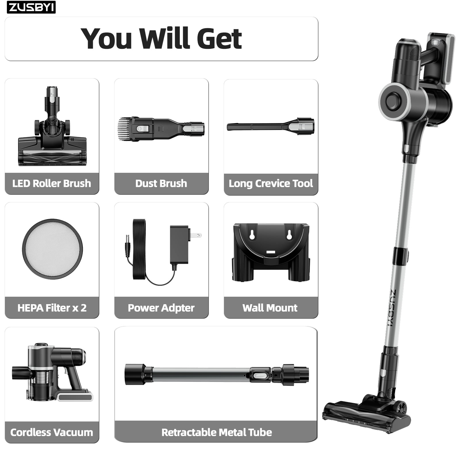 ZUSBYI Cordless Stick Vacuum Cleaner - Telescopic Tube - Image 4