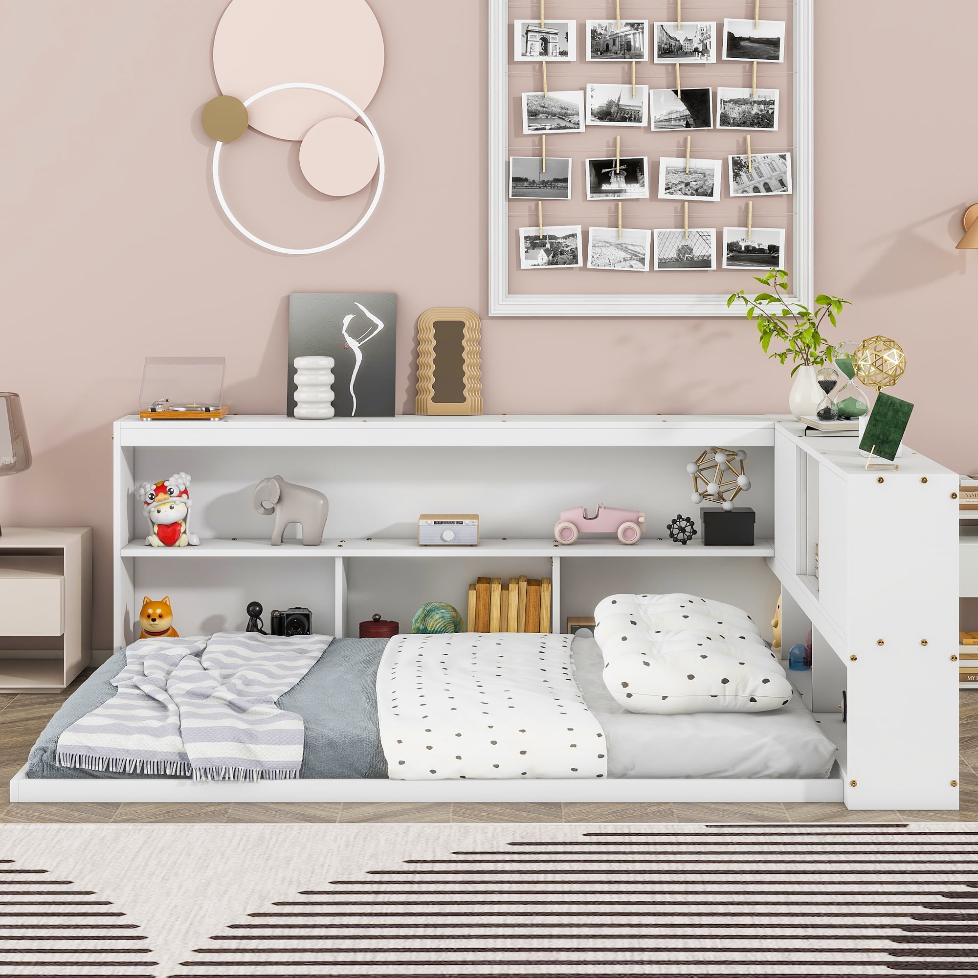 Miniyam Full Size Floor Bed with L-shaped Bookcases for Kids and Teens, White - Image 7