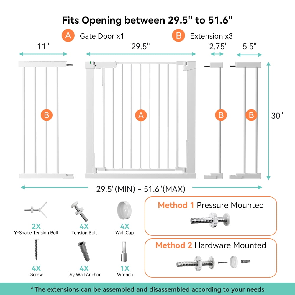 29.5-51.6'' Extra Wide Baby Gate, Caveen 30''H Safety Doorway Gates Pressure Mounted,White - Image 7